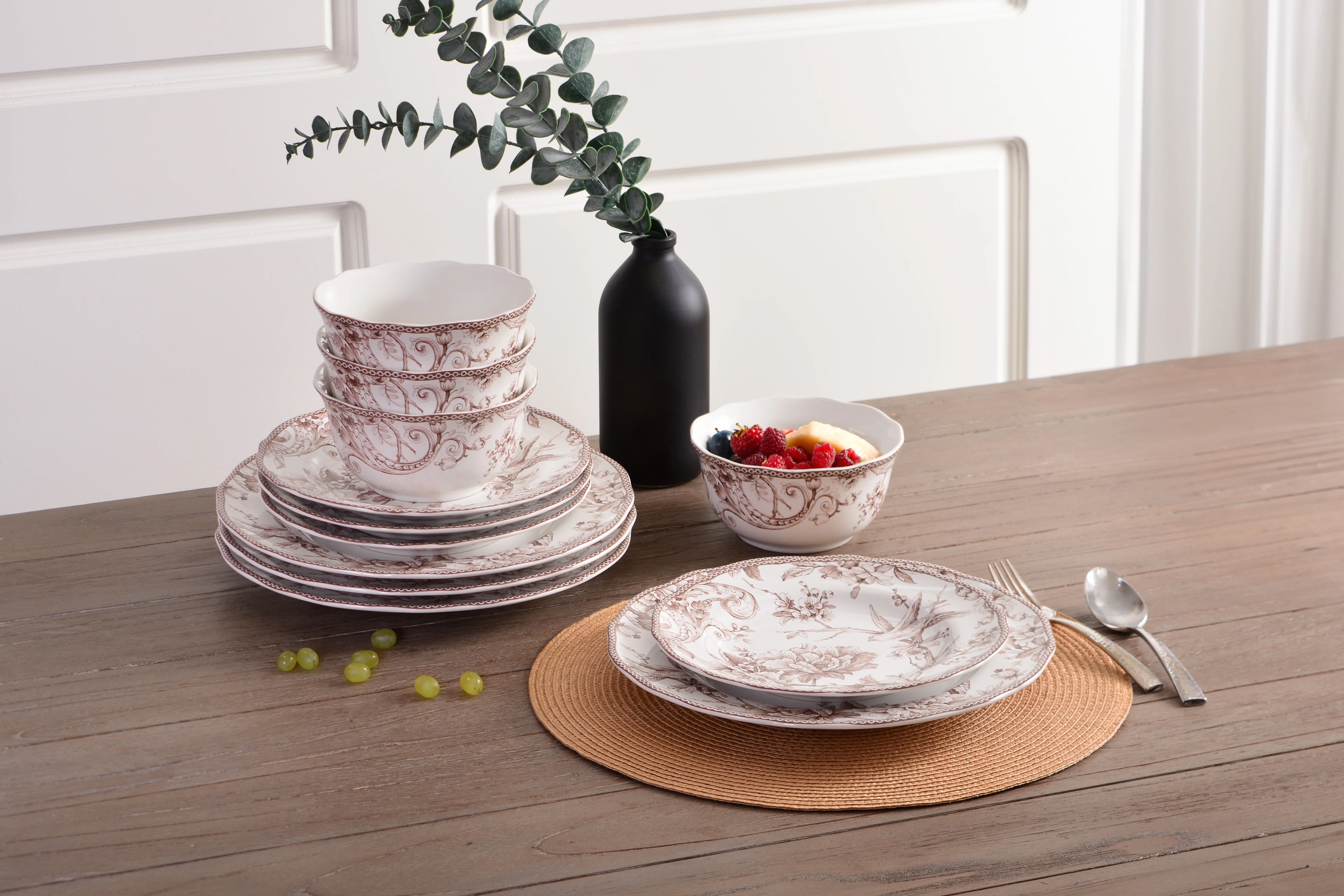 222 Fifth Adelaide Brown on White Porcelain 12 Piece Dinnerware Set, Plates & Bowls, Service for 4