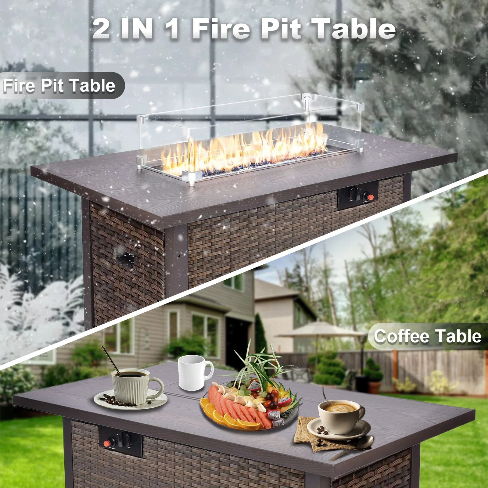 TANGJEAMER 13 Pieces All-Weather PE Rattan Sectional Sofa with Cushions,Glass Table and Fire Pit Table for Party and Family Gathering(Grey cushions)