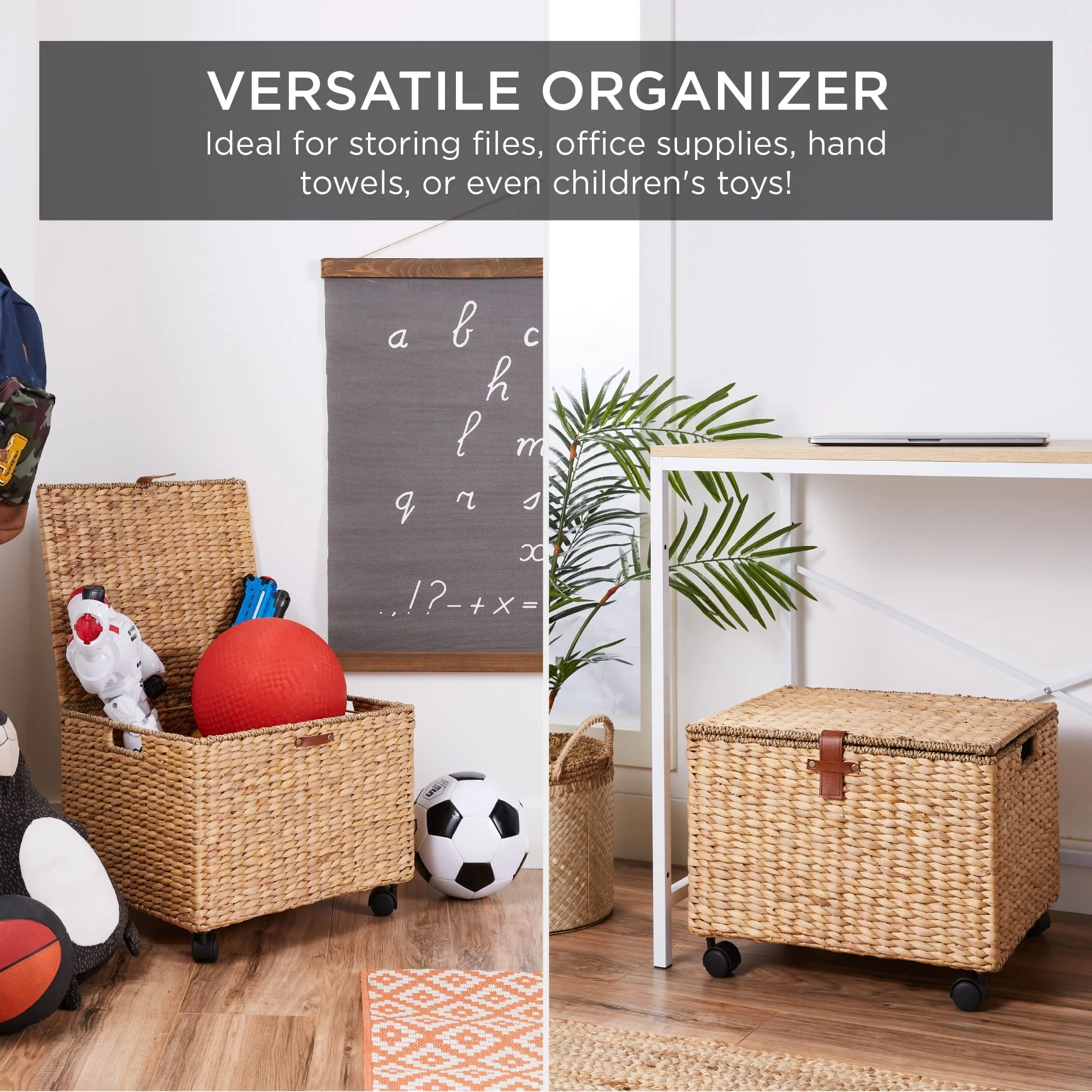 Best Choice Products Hyacinth Rolling Filing Cabinet Mobile Organizer Storage Basket w/ Lid, Locking Wheels - Natural