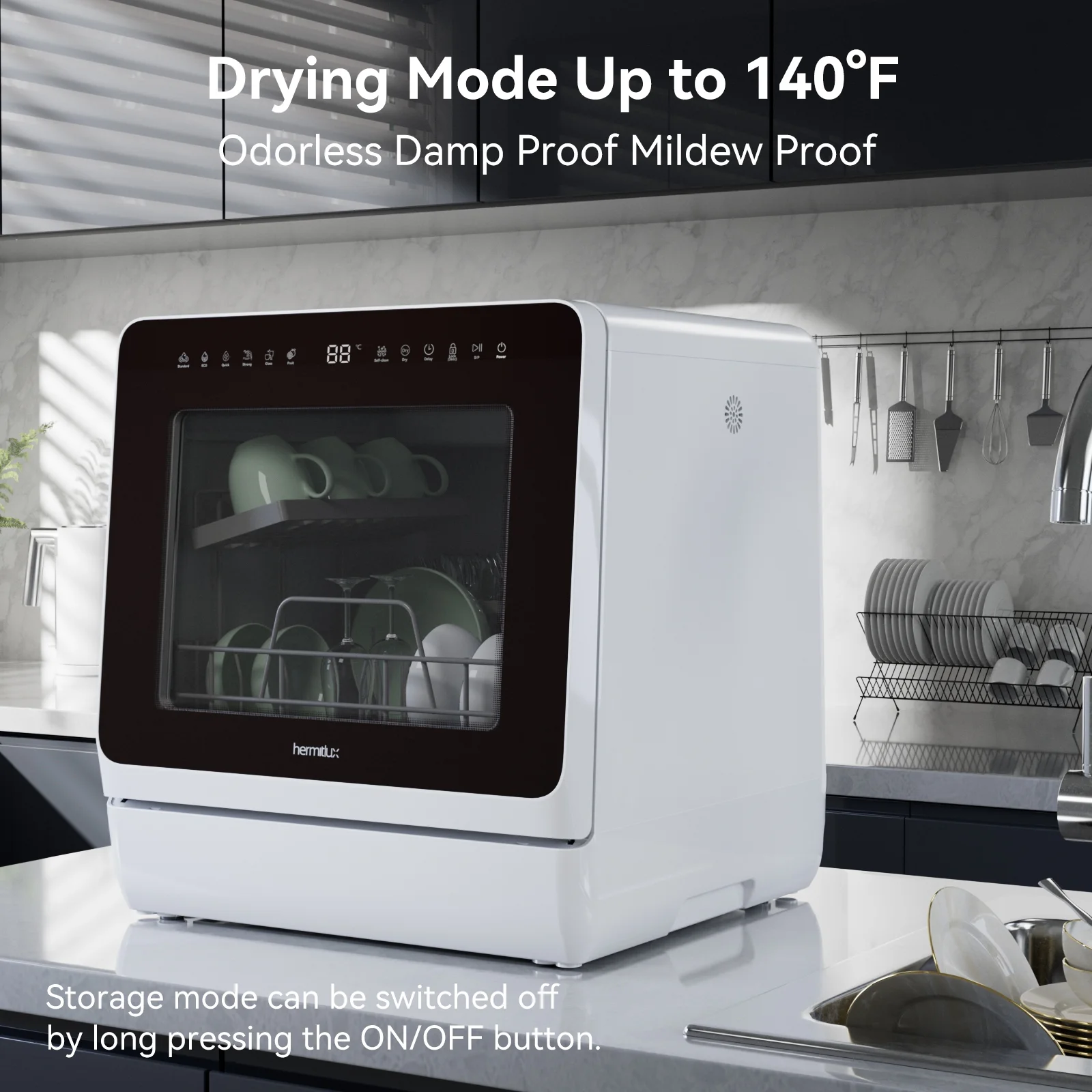 Hermitlux Portable Countertop Dishwasher, 5 Washing Programs, 5L Built-in Water Tank and Air-Dry Function, HMX-DW03