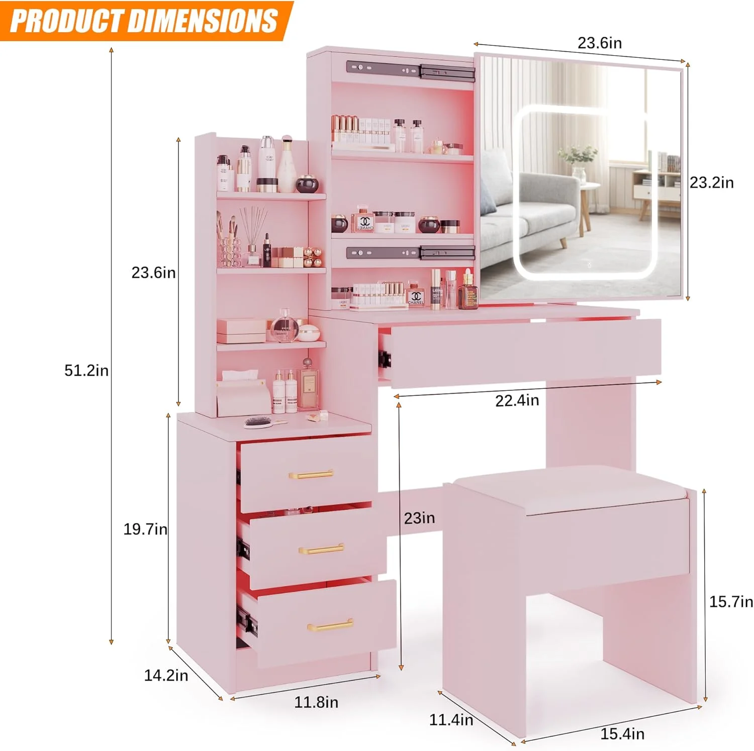 Vanity Desk with Sliding Mirror and Lights, Makeup Vanity Set with Power Outlet, 4 Drawers, Stool, Open Shelves, 3 Color Lighting Modes, Brightness Adjustable, Makeup Dressing Table for Bedroom