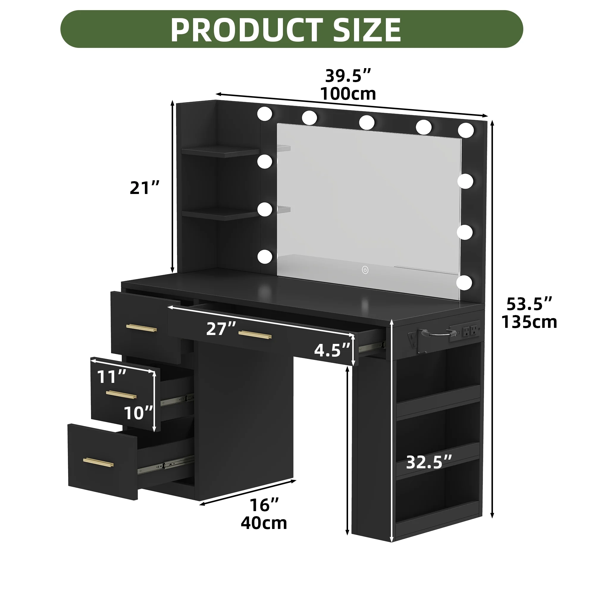 Uforic Makeup Vanity Desk with Mirror & Lights, Vanity Desk with 4 Drawers & Storage Shelves - White
