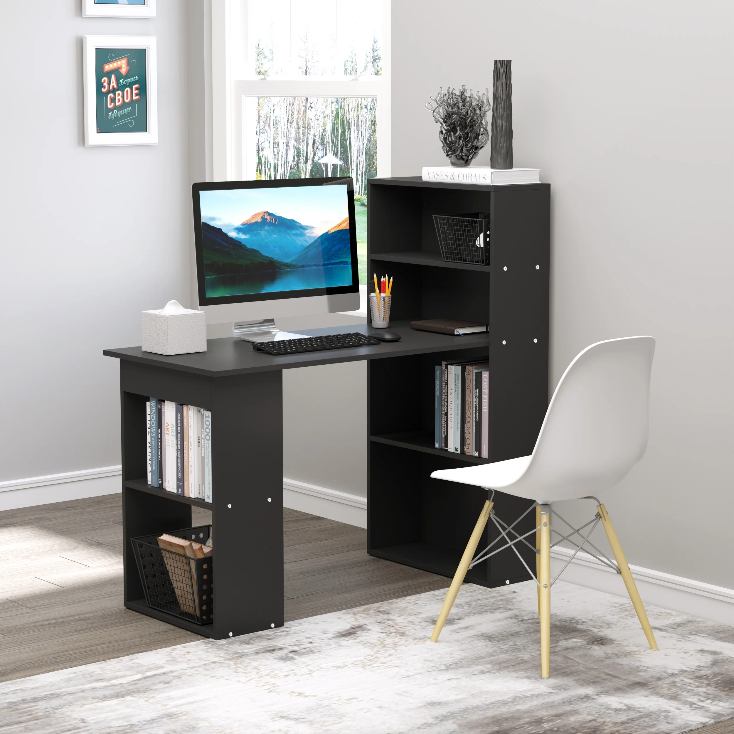 HOMCOM Modern Compact Computer Desk with 6-Tier Storage Shelves, Writing Table Workstation with Bookshelf for Home Office, Gray
