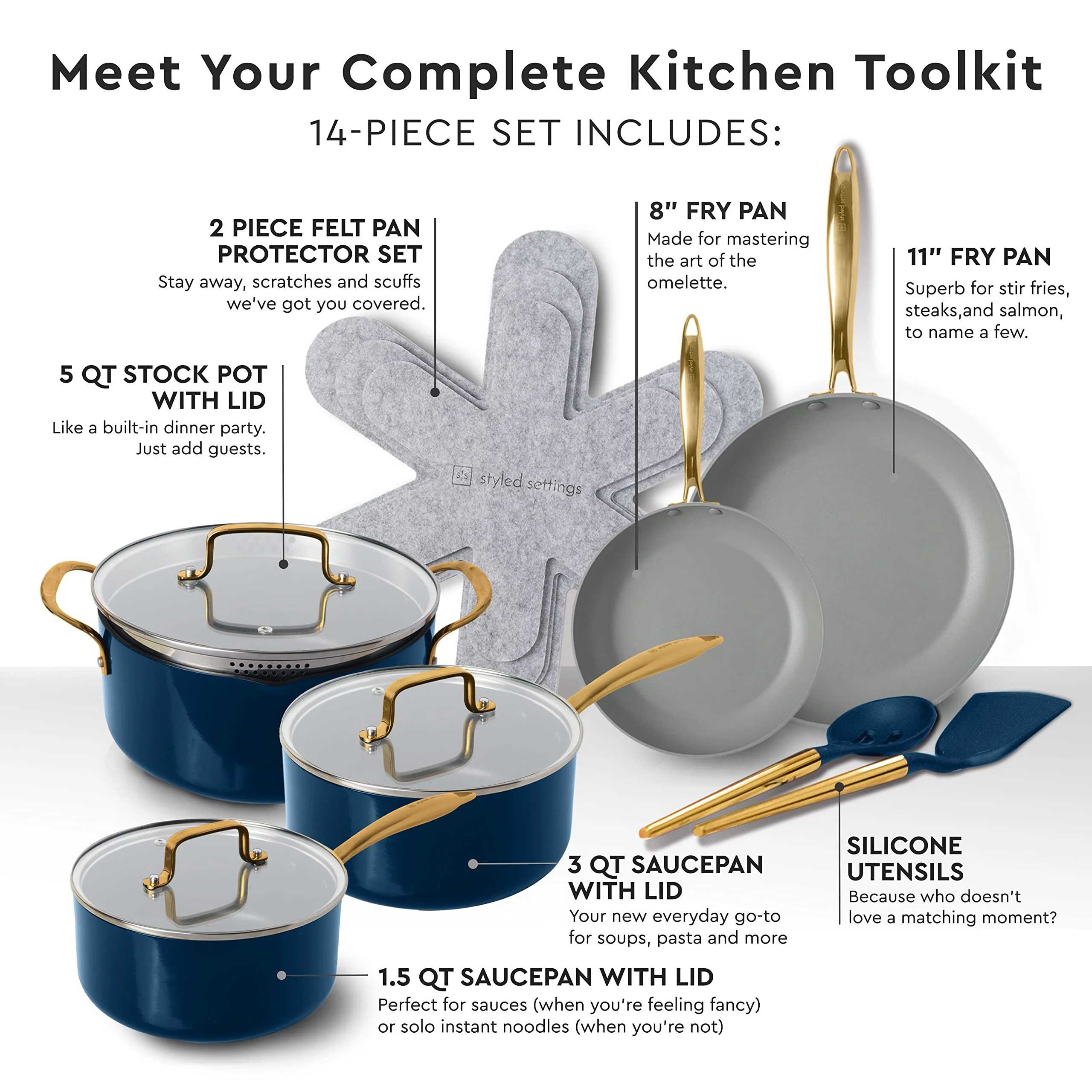 Styled Settings White Pots and Pans Set Nonstick-15 Piece Luxe White Cookware Set Non Toxic,Oven Safe,Induction Safe Cooking Pot with Strainer Lid,Gold Cooking Utensils,Gold Pots & Pans��