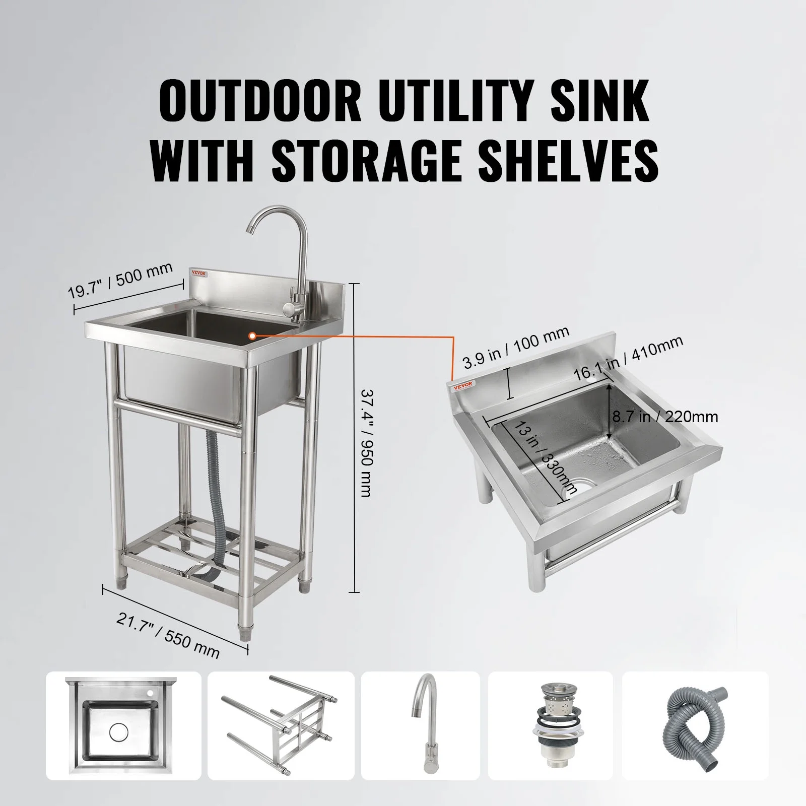 BENTISM S1 Stainless Steel 16 Inch Freestanding Single Bowl Sink