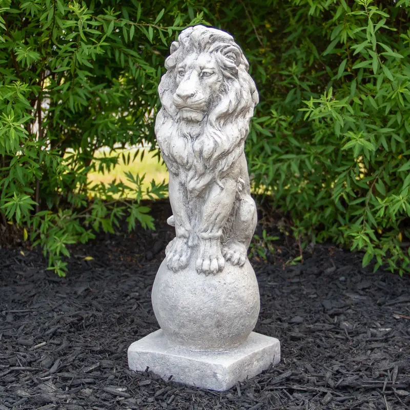 17.75″ Sitting Lion on Ball Pedestal Outdoor Garden Statue