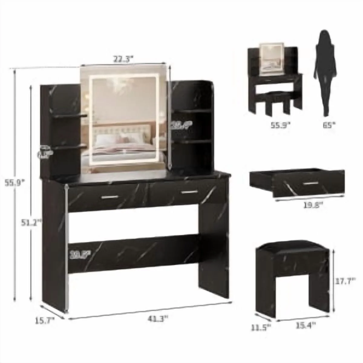 OYang Makeup Vanity Desk with Lighted Mirror and Stool, Vanity Table and Chair Set with 2 Storage Drawer 4 Shelves, Power Outlet, 3 Color Modes Adjustable LED Mirror & Stepless Dimmable for Bedroom