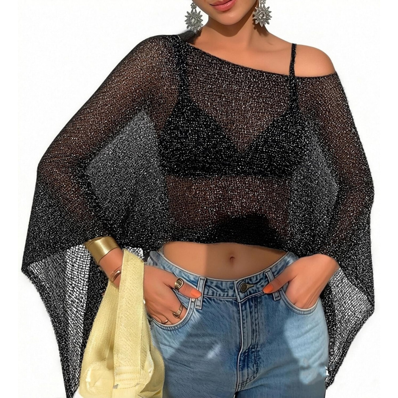 Women Sheer Poncho Top Lightweight Knit Crochet Shrug
