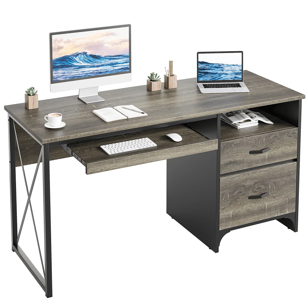 Bestier 55 inch Computer Desk with Storage Drawers & Keyboard Tray & File Drawer Home Office Desk Grey