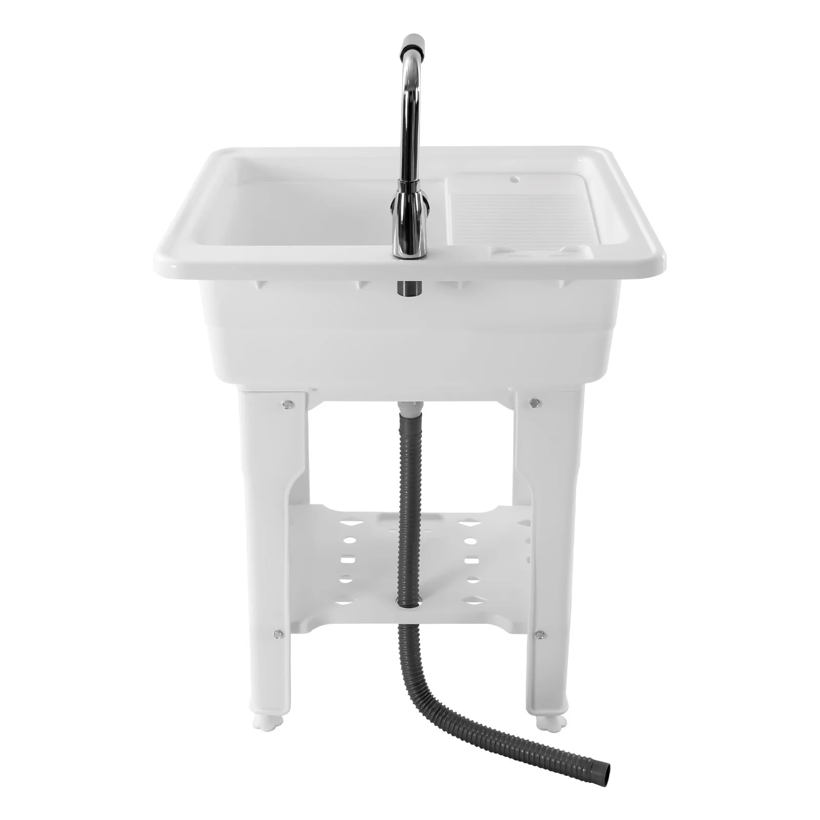 Freestanding Laundry Sink Plastic Basin Tub Utility Wash Bowl with Hot&Cold Faucet/Washboard for Sundry Rooms