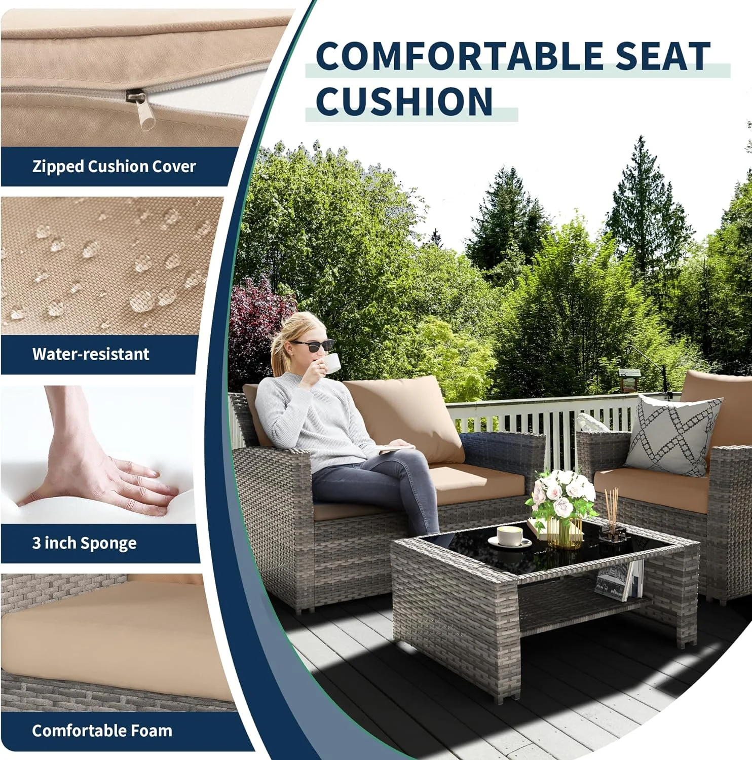 Poteban Wicker Patio Furniture Set, 4 Piece Outdoor Sectional Conversation Sets, Gray PE Rattan Patio Sofa Set for Balcony, Porch, Backyard, Grey