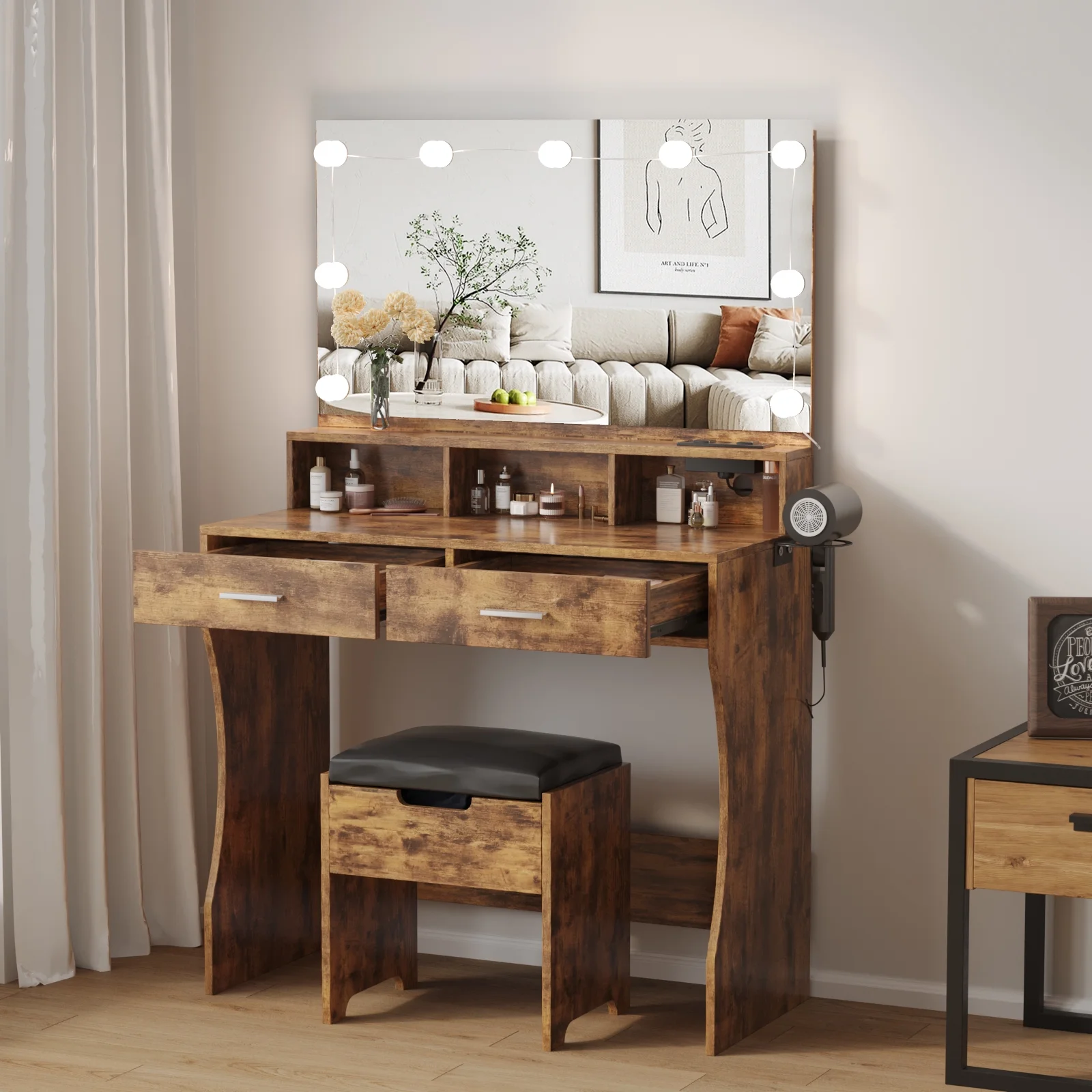Modern Vanity Table Set with Lighted Mirror,Makeup Table with 2 Drawers & Power Strip,Dresser Desk for Girls, Women, White