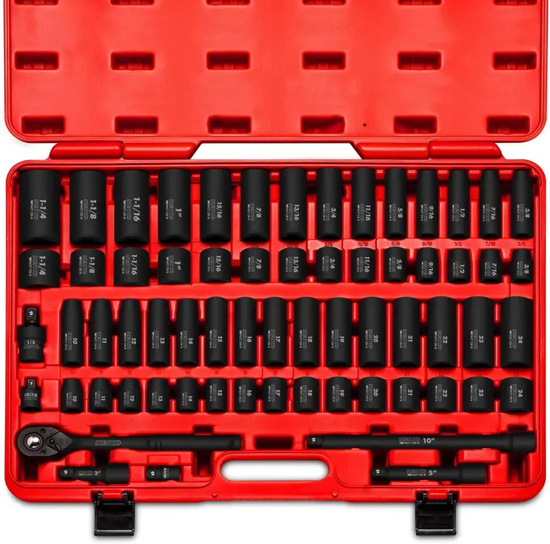 02448A 1/2-Inch Drive Impact Socket Set – 65-Piece Master Kit Covering SAE (3/8″–1-1/4″) and Metric (10–24 mm). Includes Deep/Shallow Sockets. Adapters & Ratchet