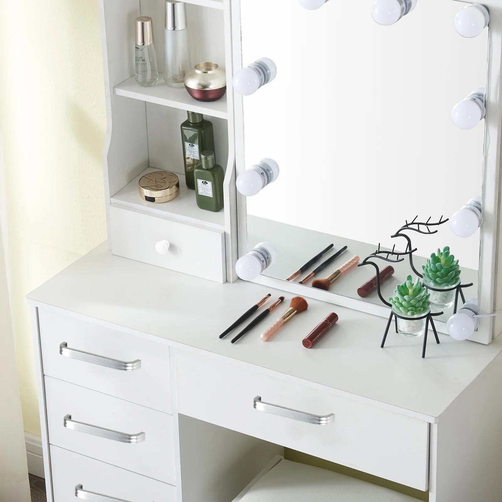 Yamissi Modern Vanity Table with Sliding Mirror and 10 LED Lights, Bedroom Makeup Desk Set with Stool, 6 Drawers & Shelves, White