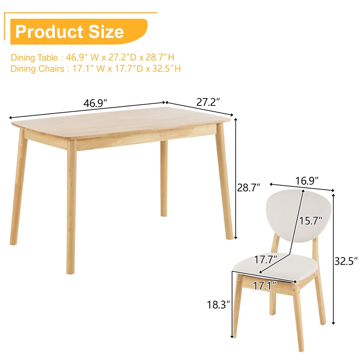 5-Piece Wooden Kitchen Table and Chair Set, Dinette Sets with 1 Rectangular Table and 4 Upholstered Chairs, Space-Saving Dining Table Set for 4, Natural