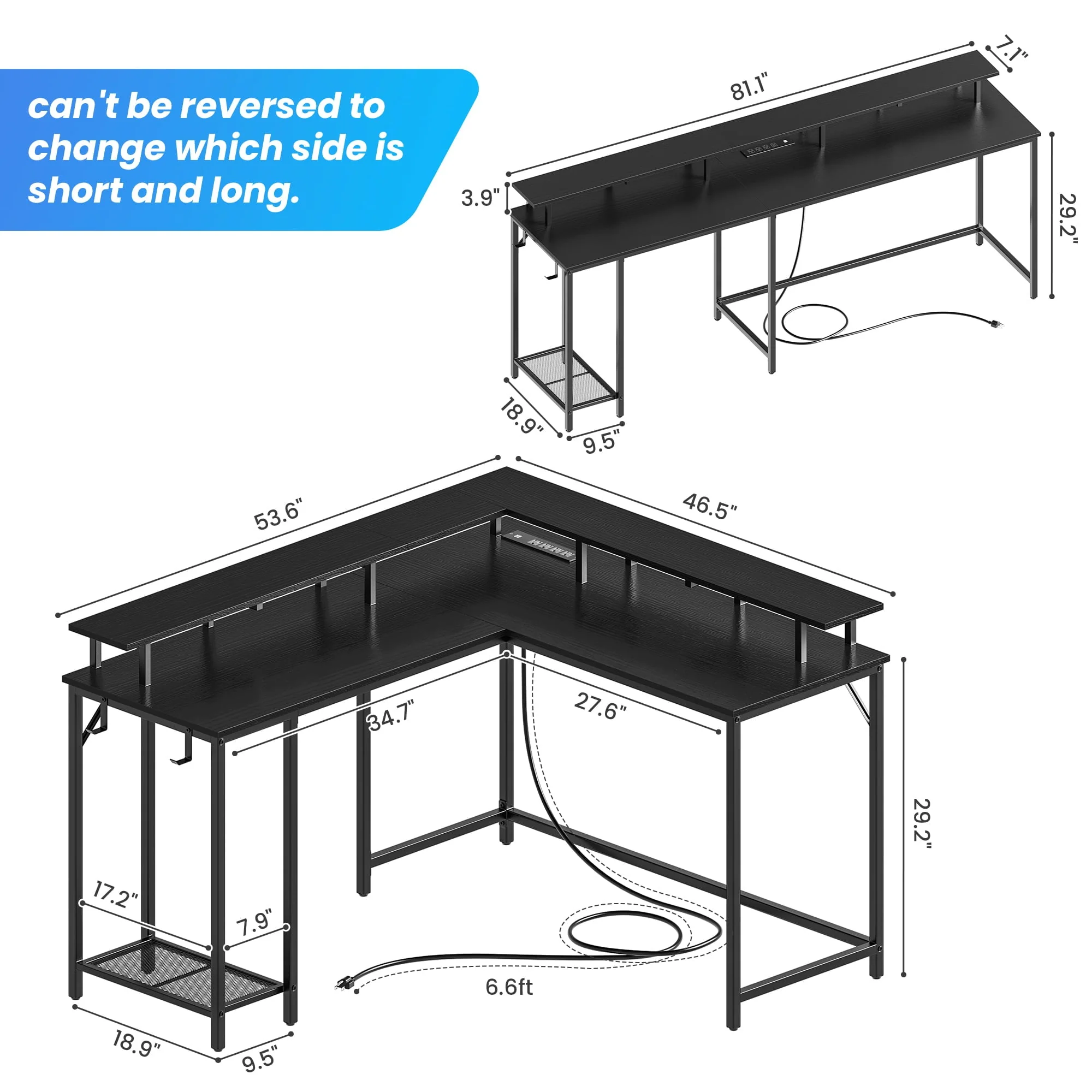 SUPERJARE L Shaped Desk with Outlets & USB Ports, Computer Desk with LED Light Strip, Corner Gaming Desk, L Office Desk, Monitor Stand, Hooks, and Storage Shelves, Black