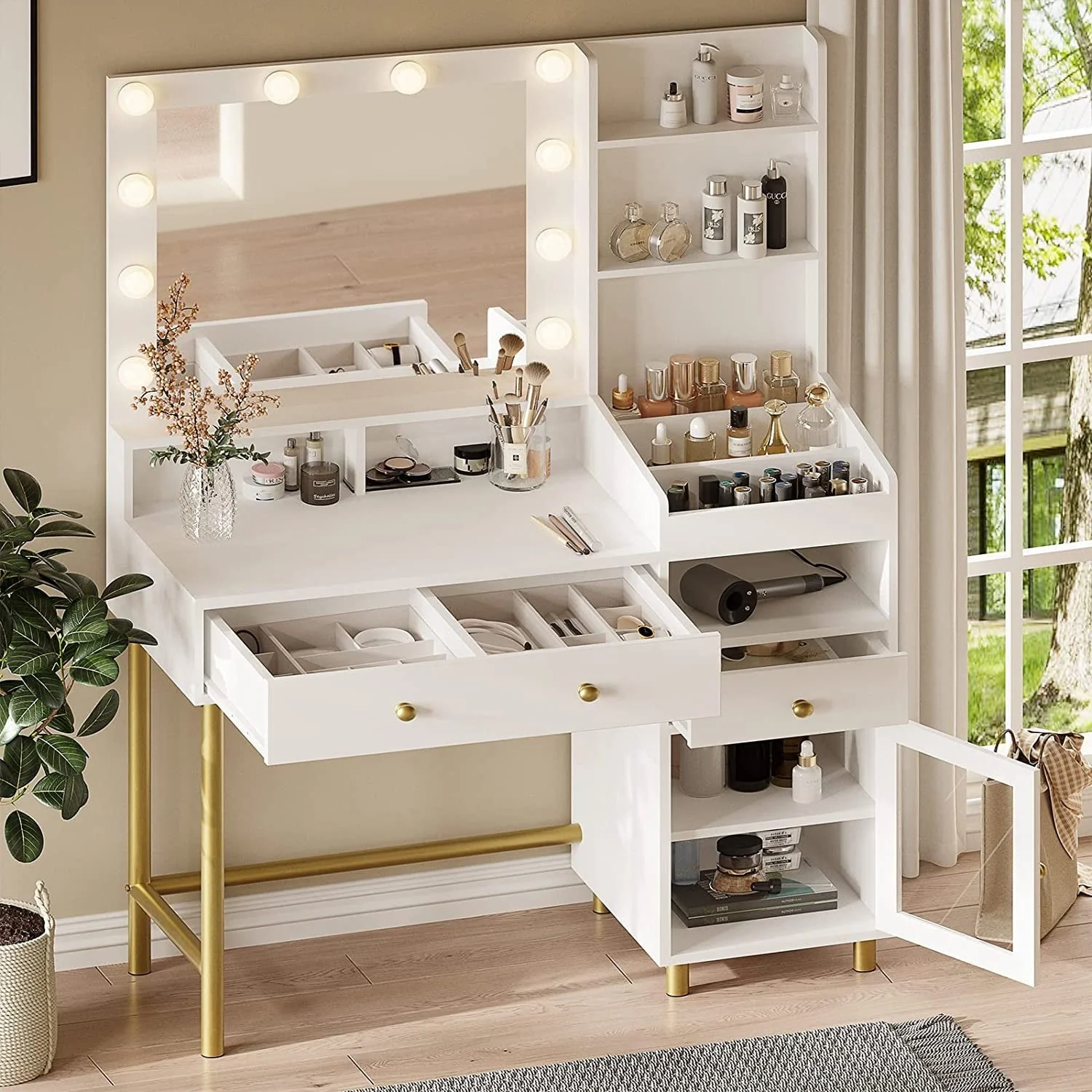 Tiptiper Vanity Desk with Mirror and Lights in 3 Colors, White Vanity Table with Charging Station, Makeup Desk with Unique Separation Design