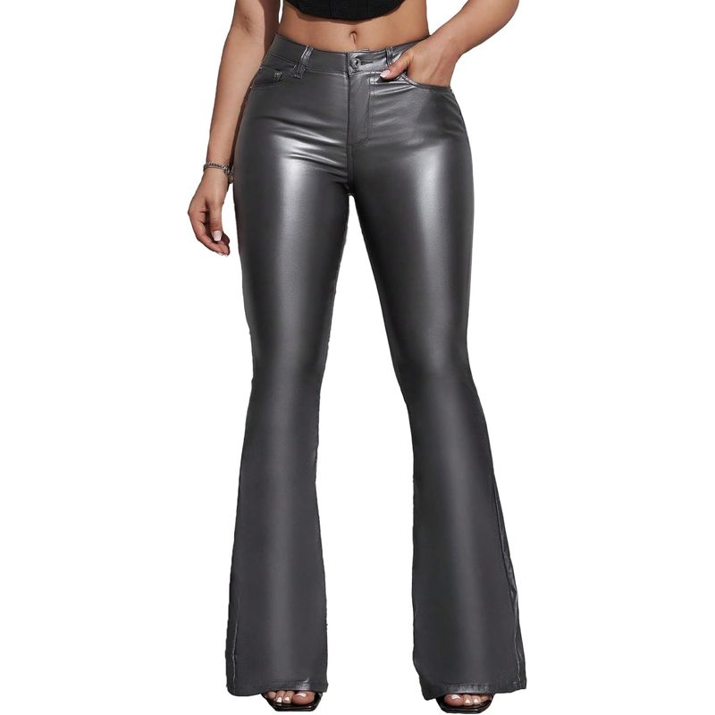Women's Faux Leather Coated Flare Pants Mid