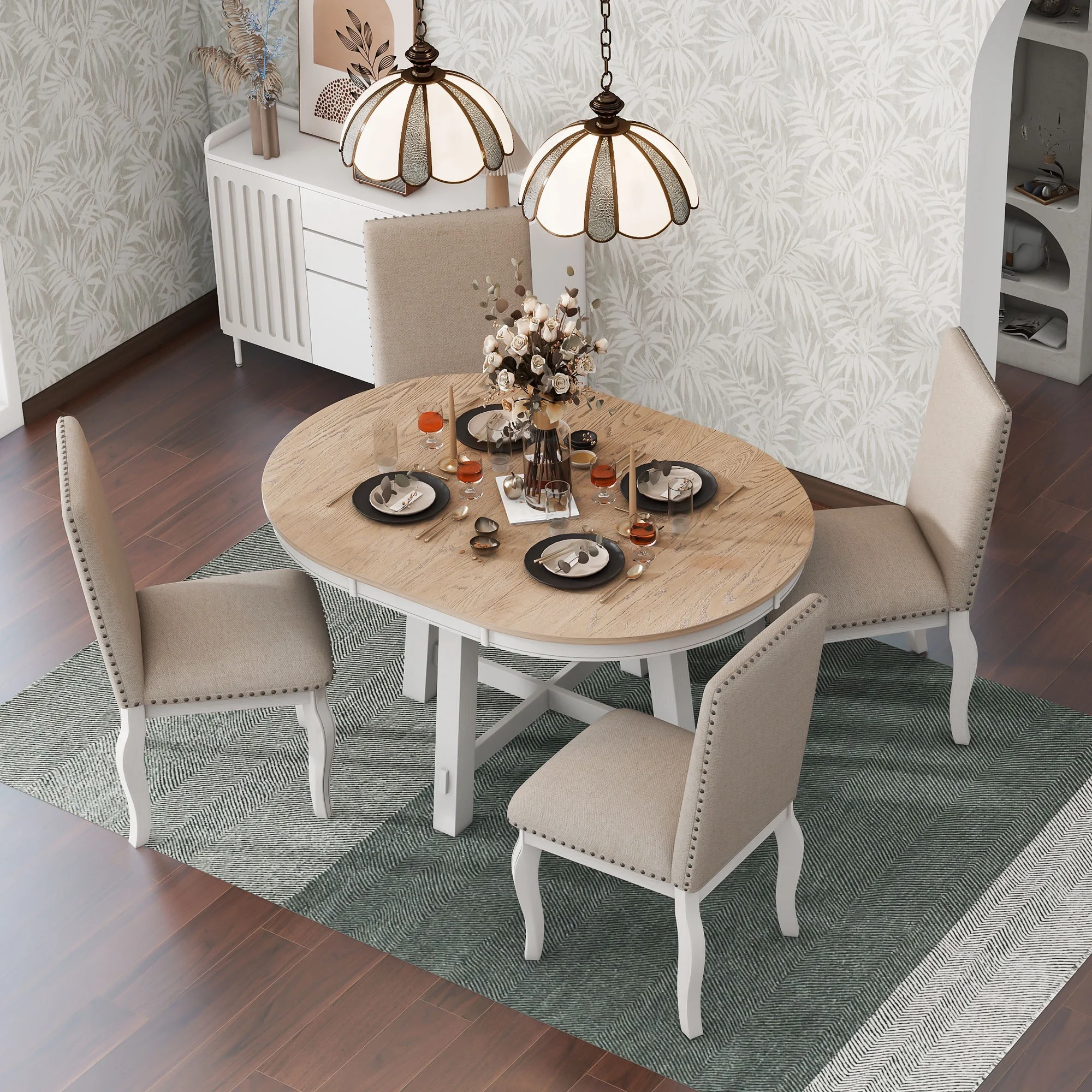 Bellemave 5-Piece Round Dining Table Set, Wood Farmhouse Extendable Dining Table and 4 Upholstered Dining Chairs, Kitchen Dining Table Set for 4 ��Antique White��