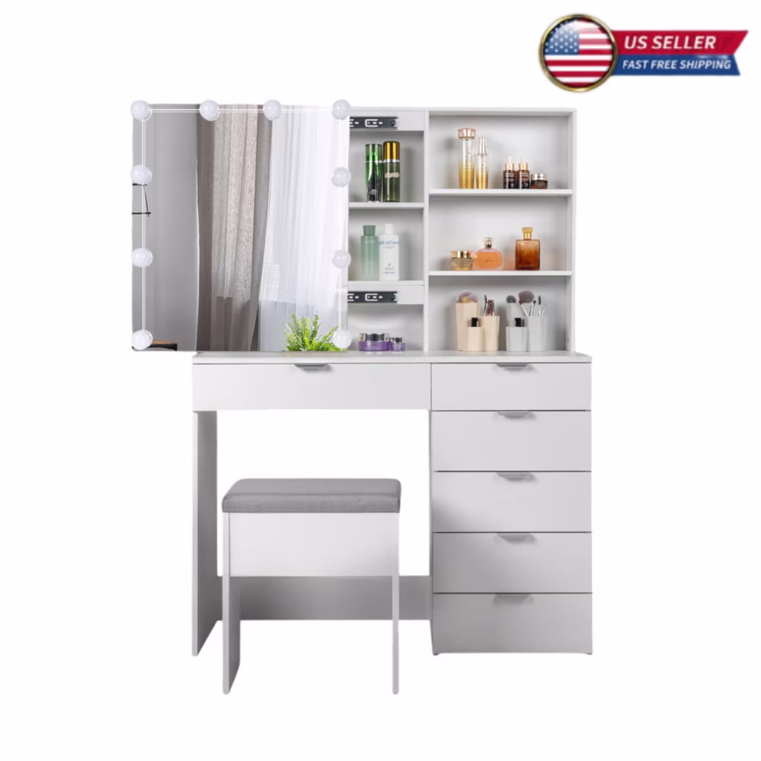 Tcbosik Makeup Vanity with LED Mirror & Charging Station, Vanity Desk with Ample Storage Space, Dressing Table with Shelves and 5 Drawers for Bedroom, White