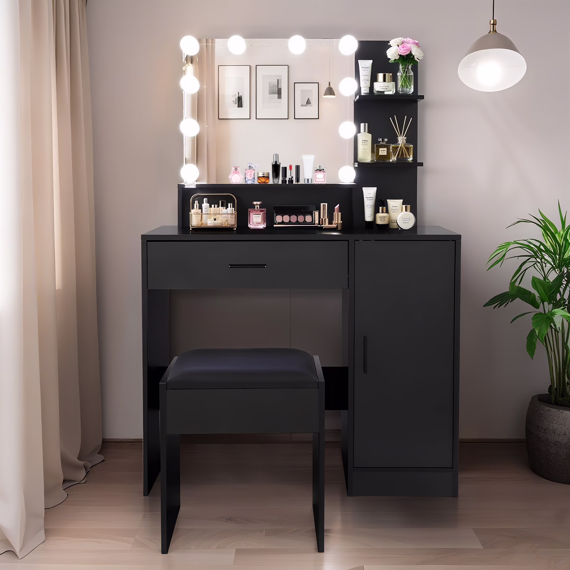 Vanity Desk with Mirror and Lights, Makeup Vanity with Drawer & Storage Cabinet, 3 Lighting Modes Adjustable Brightness, Makeup Desk with Open Shelves for Bedroom, Dressing Room, White