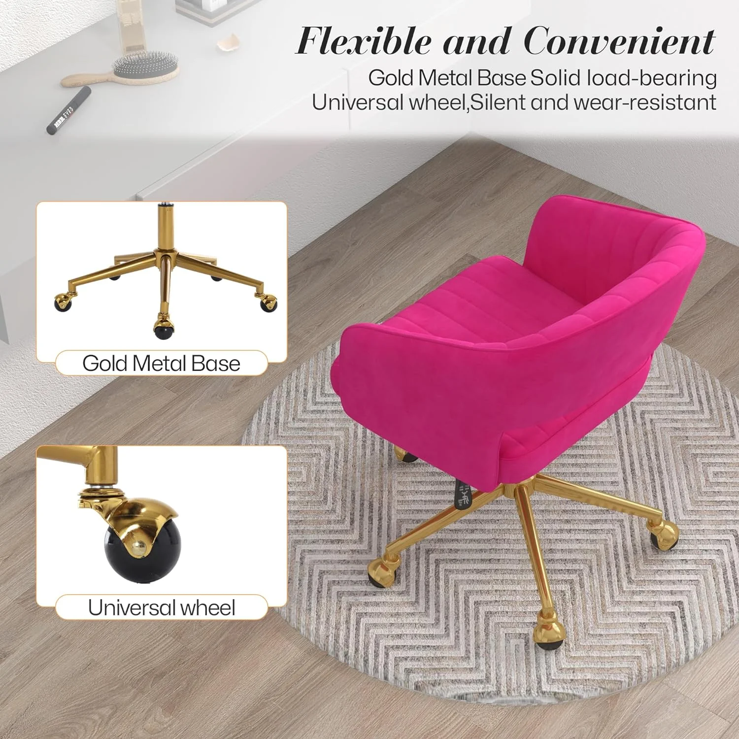Home Office Swivel Desk Chair, Modern Velvet Vanity Chair, Height Adjustable Armchair with Gold Base, Ergonomic Office Chair for Task Study Computer Room, Beige