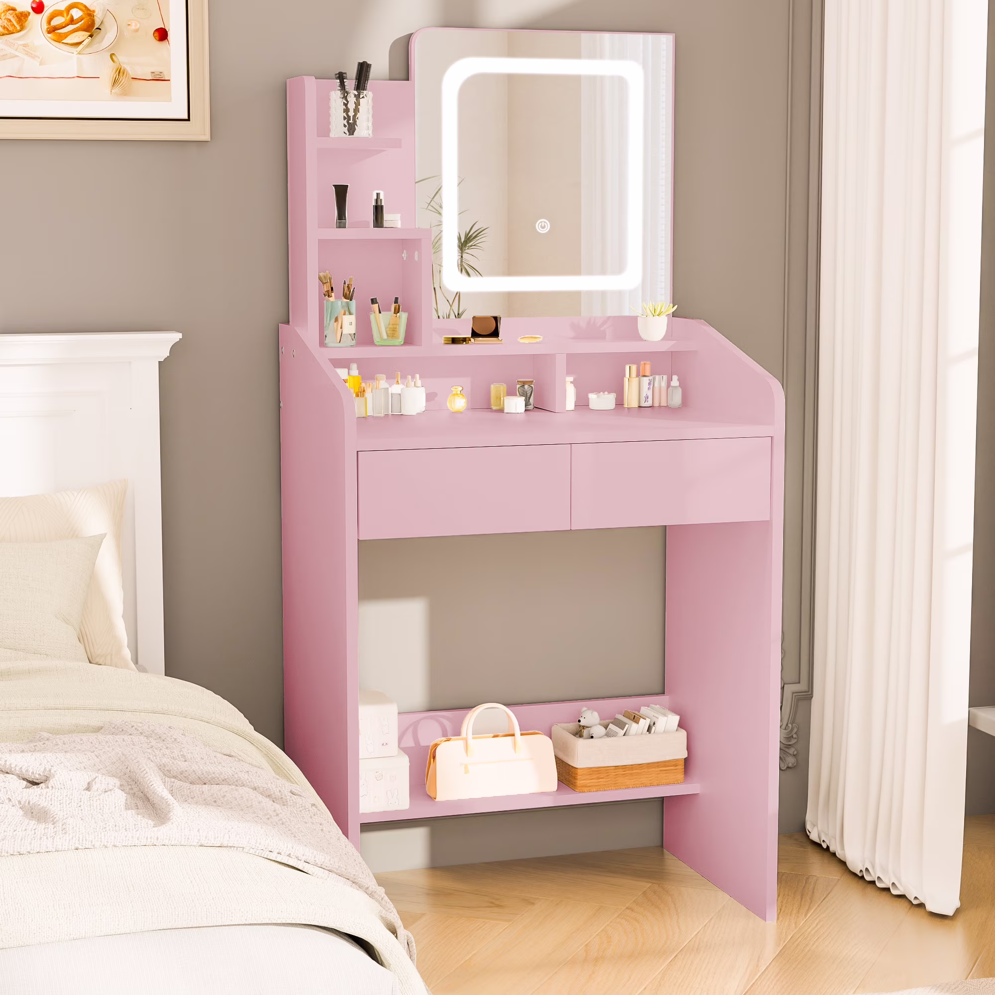 LIVELYGLOW Vanity Desk Set with Square Mirror and Light- Small Vanity Table with Drawers- White