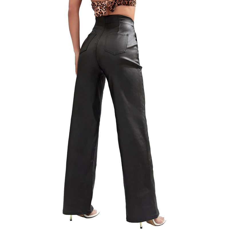 Leather Pants High Waist Coated PU Button Straight
