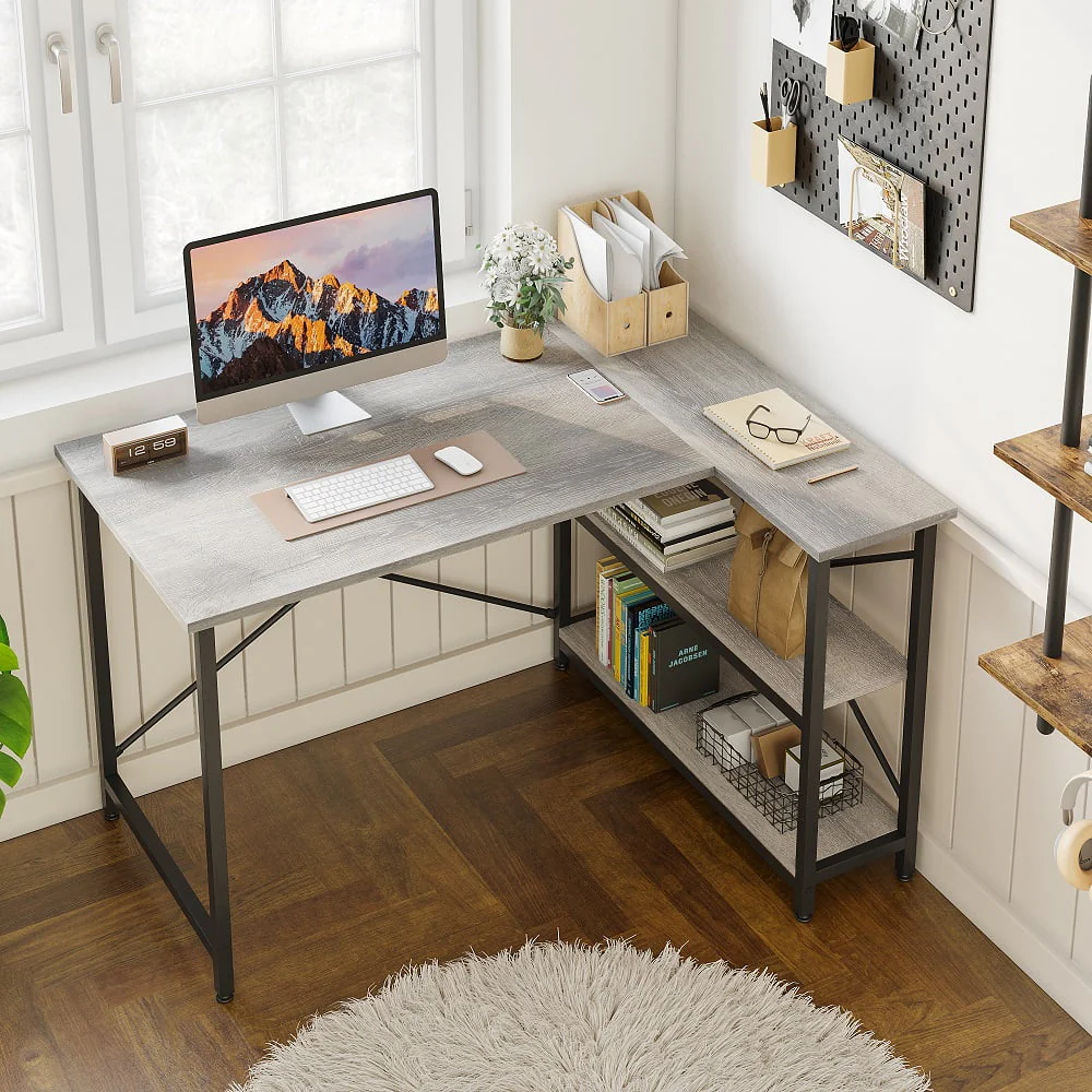 Bestier 47 inch Corner L-Shaped Desk with Storage Shelves Writing Desk Wash Grey