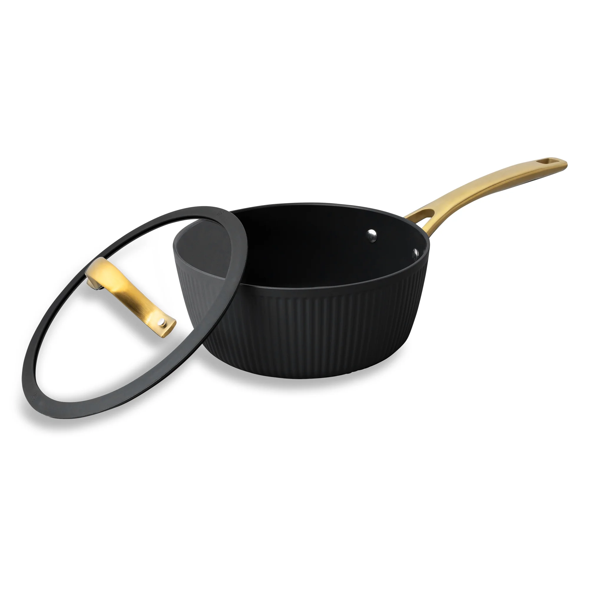 Thyme & Table 12-Piece Nonstick Signature Ribbed Cookware Set, Pots and Pans Set - Black & Gold