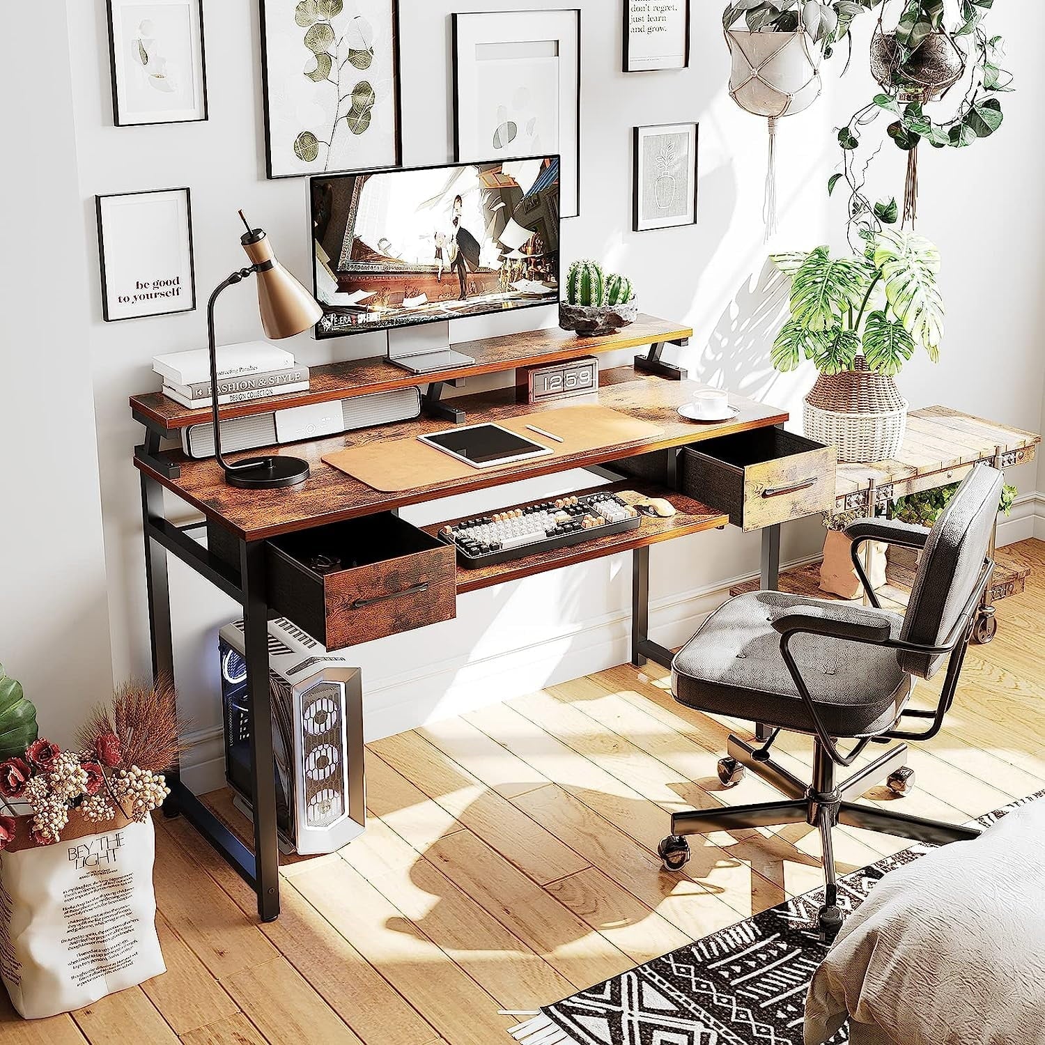 48 inch Computer Desk with Keyboard Tray, Modern Home Office Desk with Shelf & Drawers, Study Desk for Student, Rustic Brown