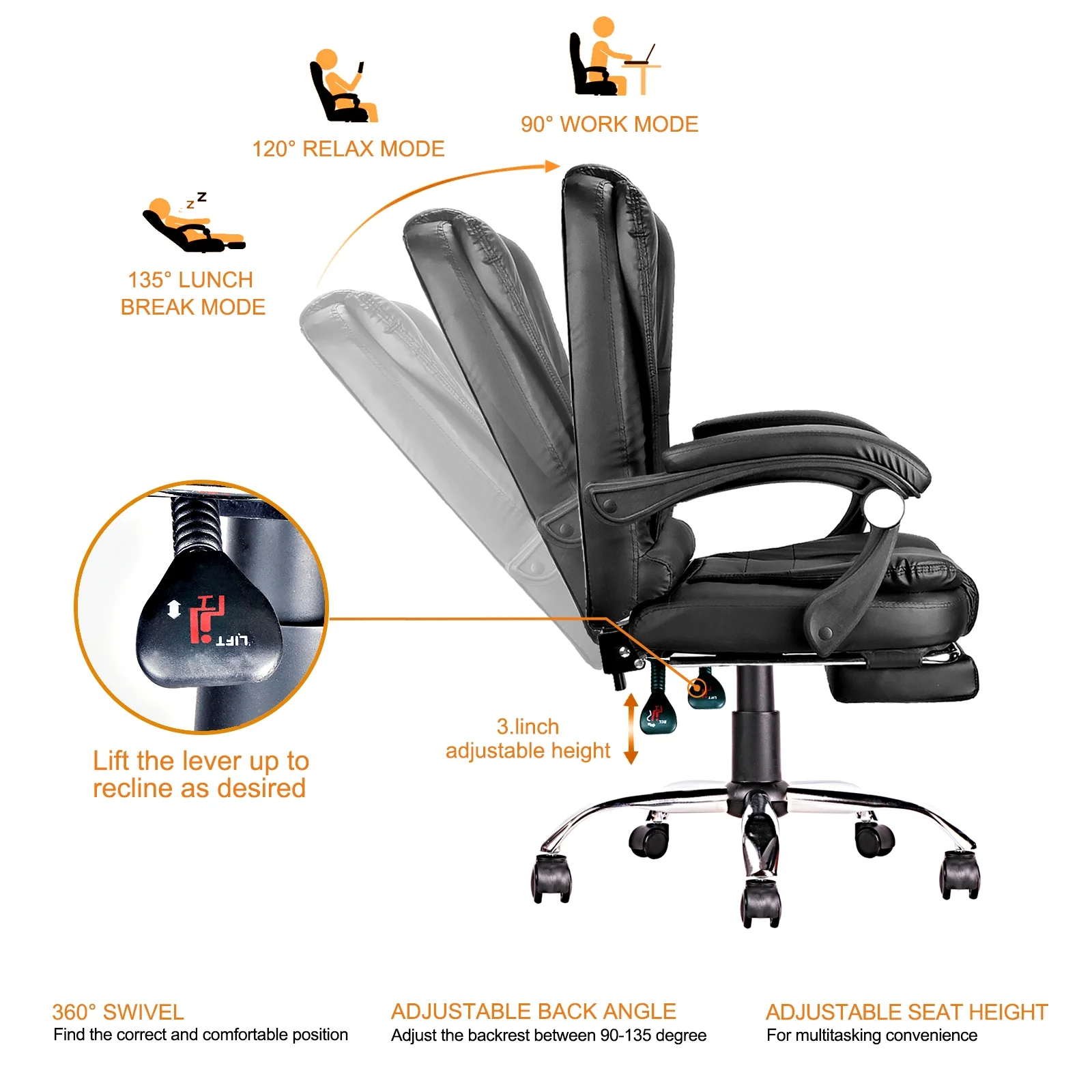 iMucci Office Chair Big High Back PU Leather Computer Desk Chair, 300lbs Heavy Duty Ergonomic Adjustable Executive Swivel Chair with Leg Rest and Lumbar Support, Black