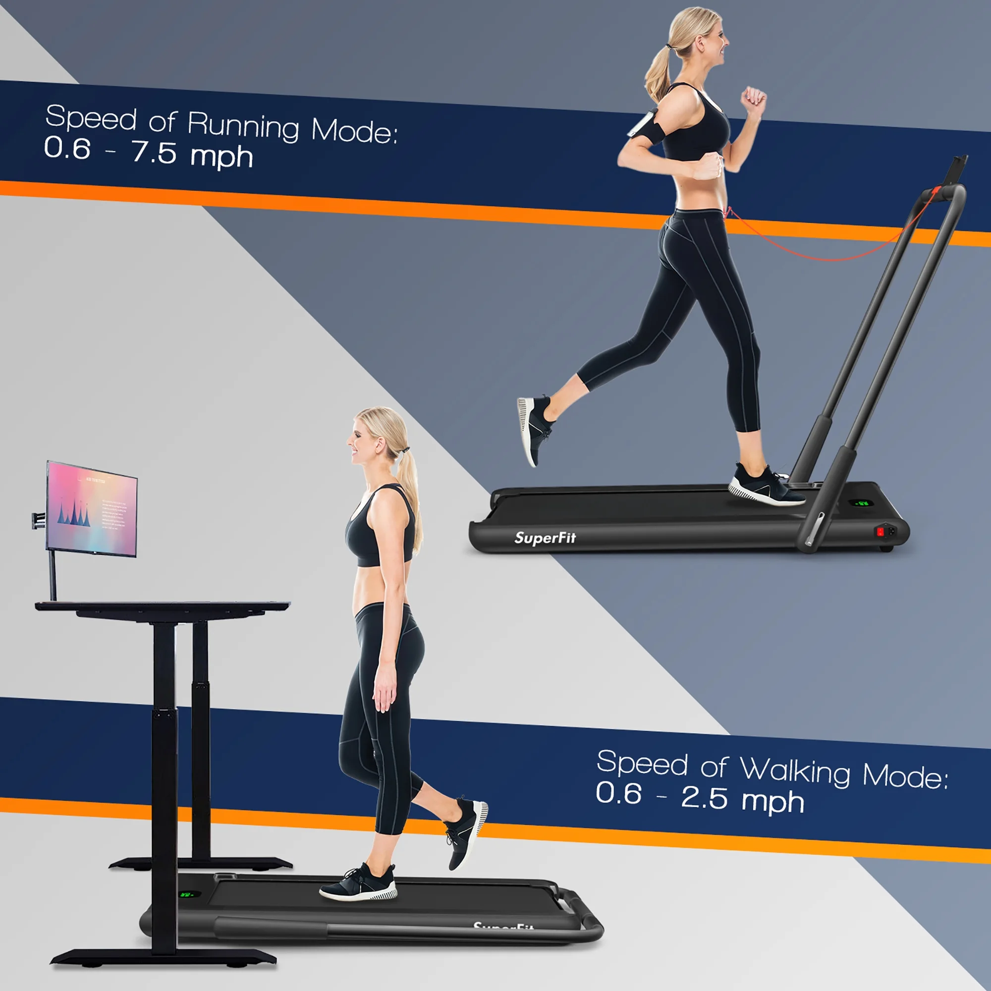 SuperFit Up To 7.5MPH 2.25HP 2-in-1 Folding Under Desk Treadmill W/Speaker Controller APP, Single Display Screen Silver