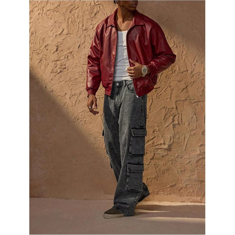 Men's Leather Jacket Zip Up Collared Bomber Jackets with Pockets