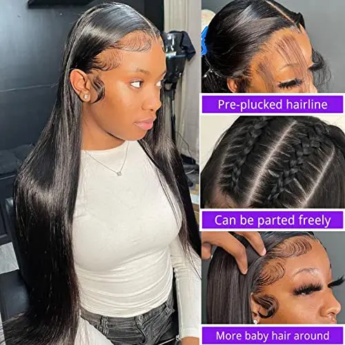 180% Density 26″ Pre-Plucked Brazilian Straight Lace Front Wigs for Black Women - Natural Hairline & Baby Hair