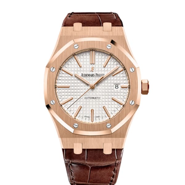 【Super Clone】Audemars Piguet Royal Oak Selfwinding Silver-toned dial 41mm Rose Gold Leather Strap Watch
