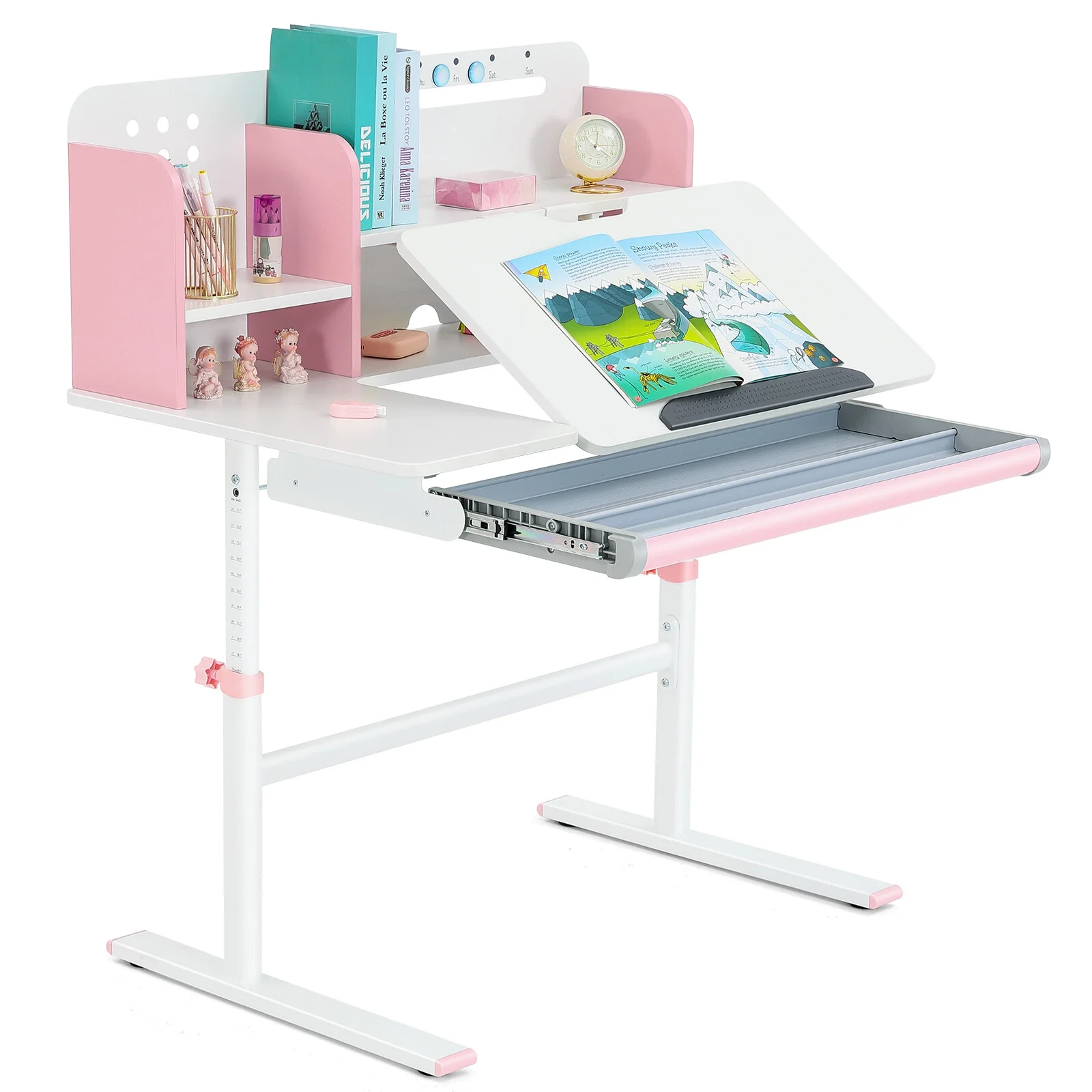 Adjustable Height Ergonomic Kids Study Desk & Chair Set Children Students Drafting Table Home School with Shelf,Drawer(Gray)