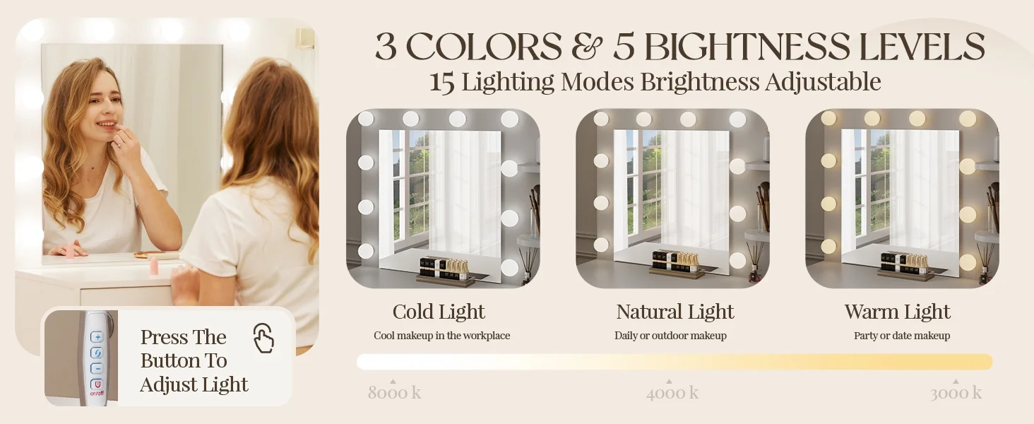LIVELYGLOW Vanity Desk with Mirror and Lights, Makeup Vanity with Drawer & Storage Shelves, Cabinet, 3 Lighting Modes Adjustable Brightness,White