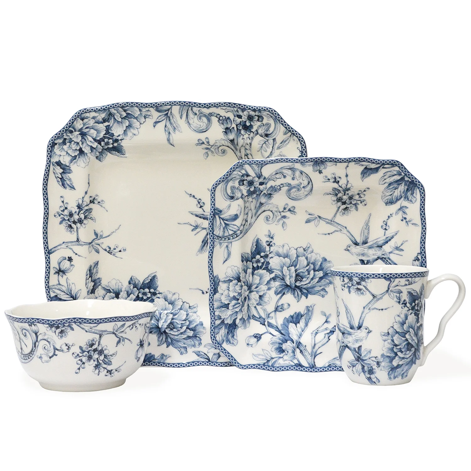 222 Fifth Adelaide Round 16-Piece Porcelain Dinnerware Set, Black Toile