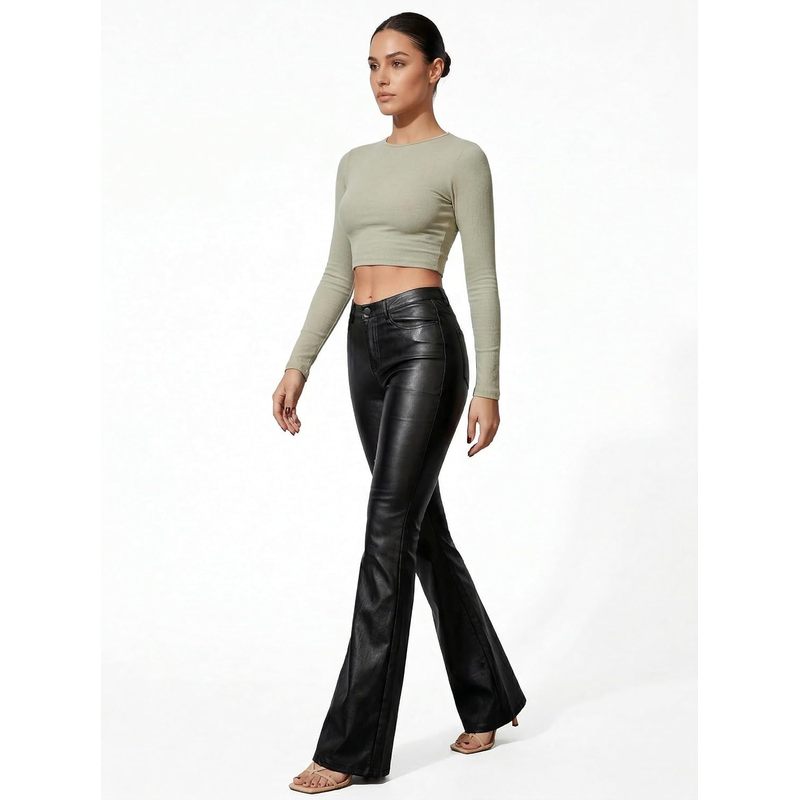 Women's Faux Leather Coated Flare Pants Mid Waist Black
