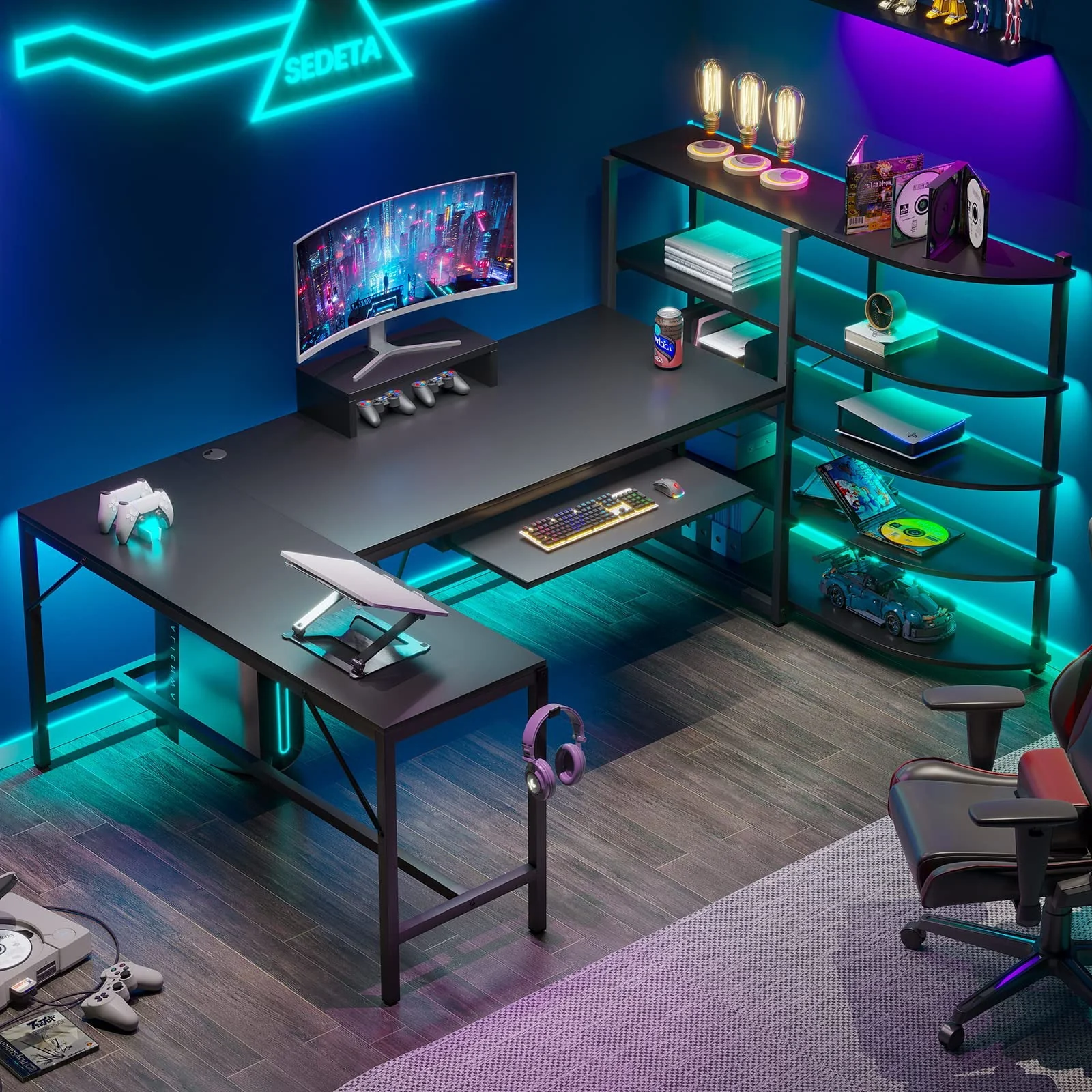 SEDETA  L Shaped Computer Desk, 63'' Corner Gaming Desk, Computer Desk with Storage Shelves, Keyboard Tray, Monitor Stand and Headphone Hook, Gaming Desk with LED Lights, Black