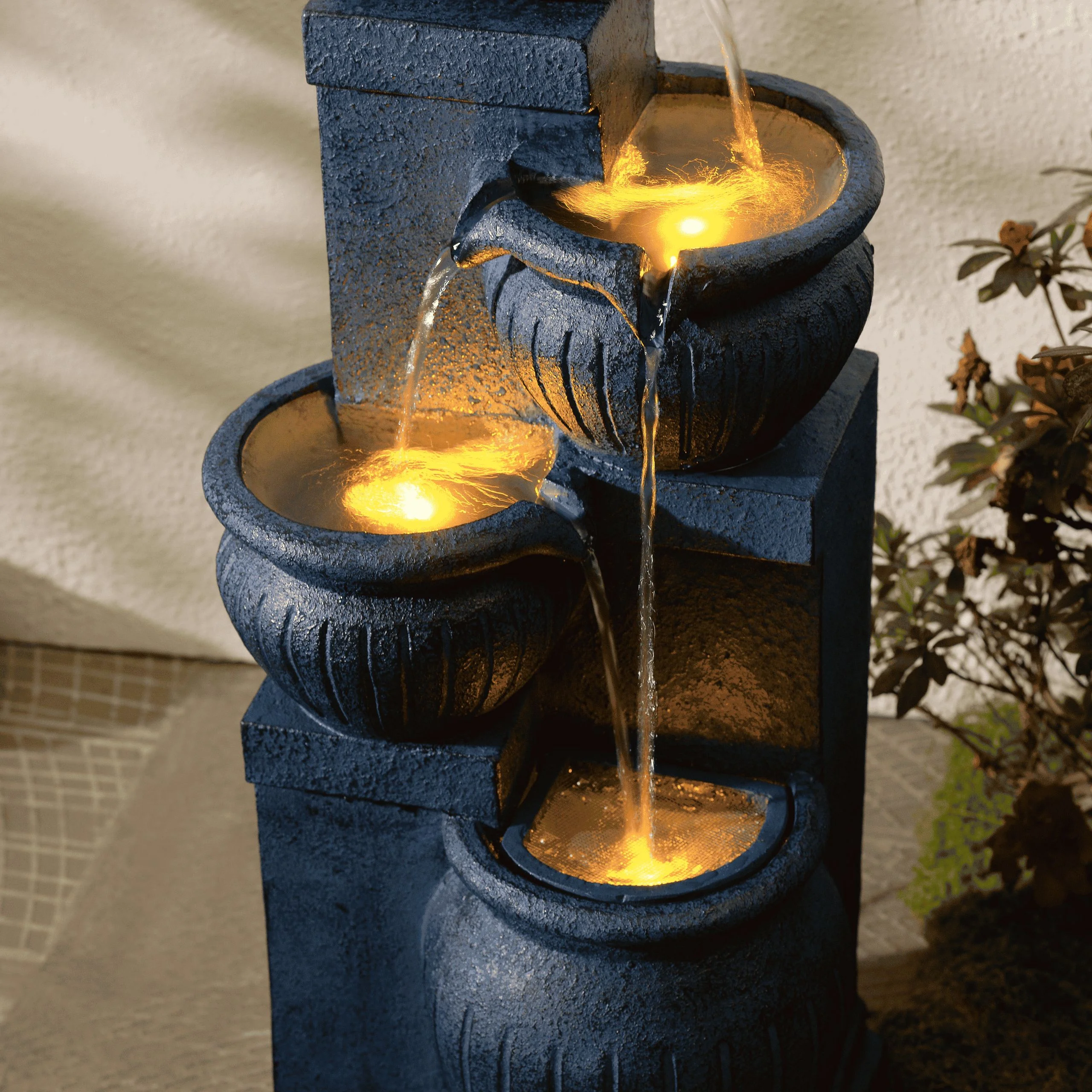 Teamson Home Outdoor Water Fountain with Lights�C 4-Tier Cascading Bowl Design with LED Light & Solar Pump, Solar-Powered Water Fountain Outdoor Garden, Yard, or Patio D��cor, Navy Blue