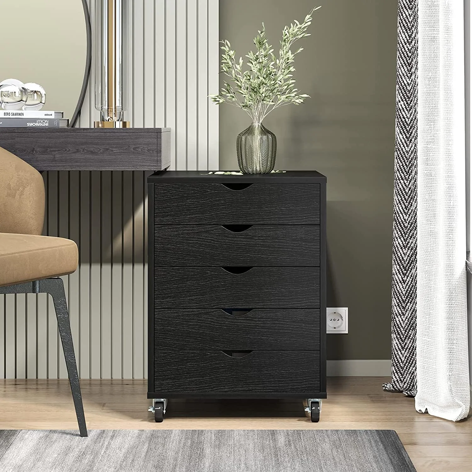 Dextrus 5-Drawer Wooden File Cabinet Chest Mobile Organizer Office Storage for Office Room,Black