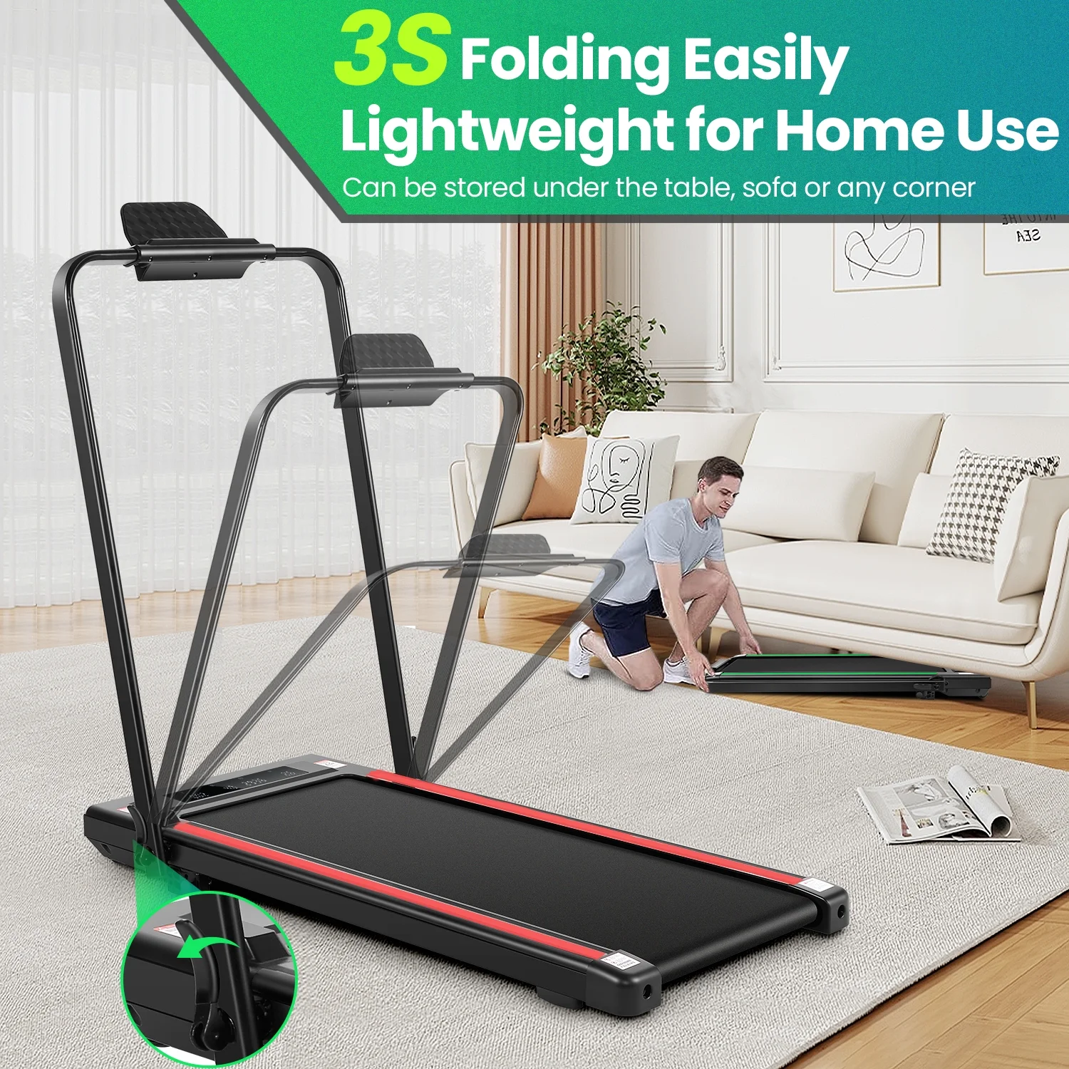 2 in 1 Walking Pad Treadmill with Incline, 2.5HP Under Desk Treadmill with Handle Remote Control & LED Touch Screen for Home Office Workout, 300lbs Weight Capacity Black & Green