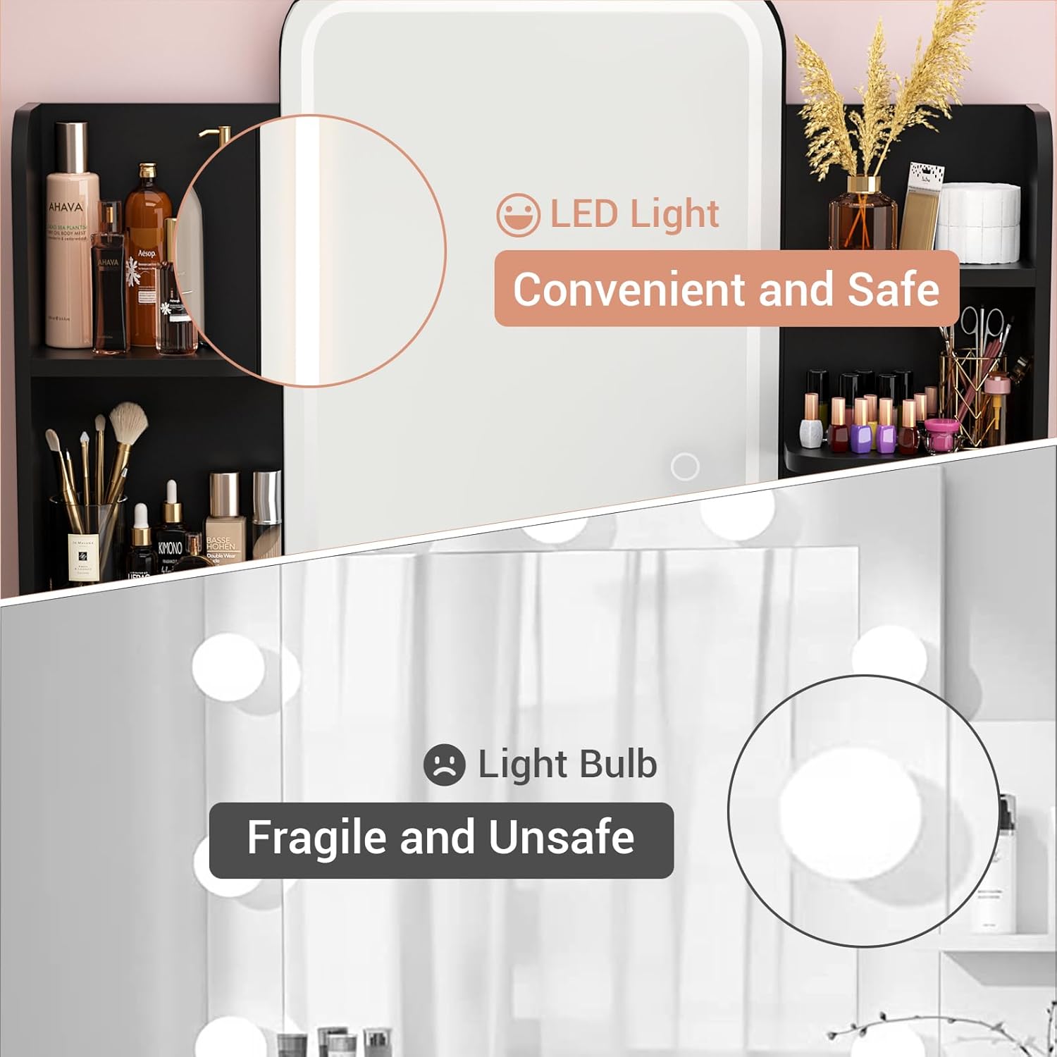 iSunirm Vanity Desk with Mirror and Lights, Makeup Vanity with 2 Drawers, Vanity Table Set with 3 Color Adjustable Lighting Options, Modern Dressing Table with Shelf, for Bedroom, Pink