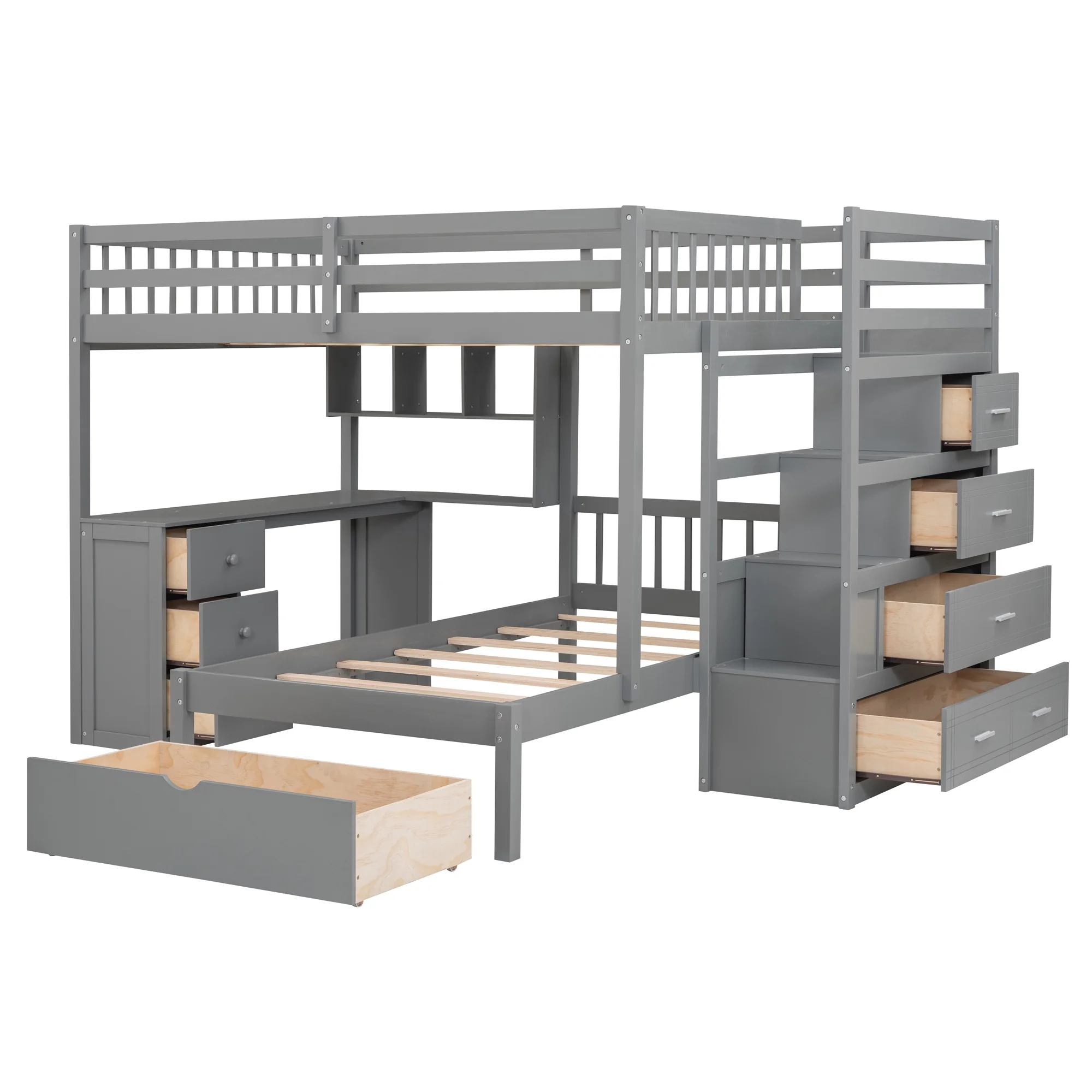 Harper & Bright Designs Full Over Twin Bunk Bed with Desk, Drawers and Shelves, L-Shaped Bunkbeds with Storage Staircase for Adults Bedroom, White