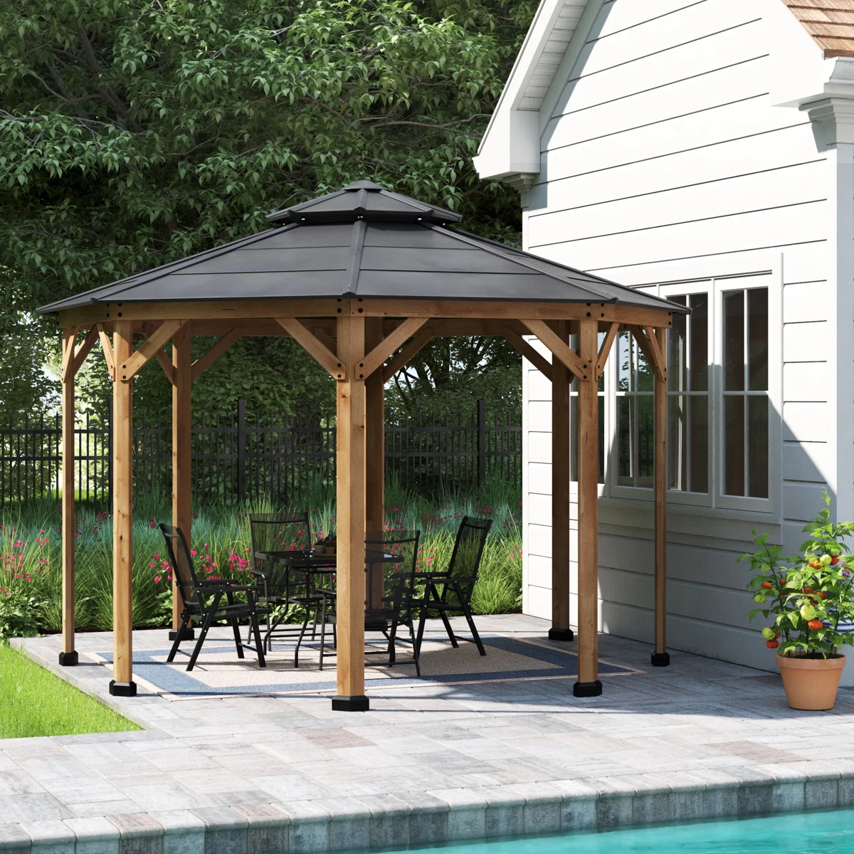 Sunjoy 13 x 13 ft. Cedar Framed Octagon Wood Gazebo with Double Tiered Steel Hardtop Roof and Ceiling Hook for Garden. Backyard Shade