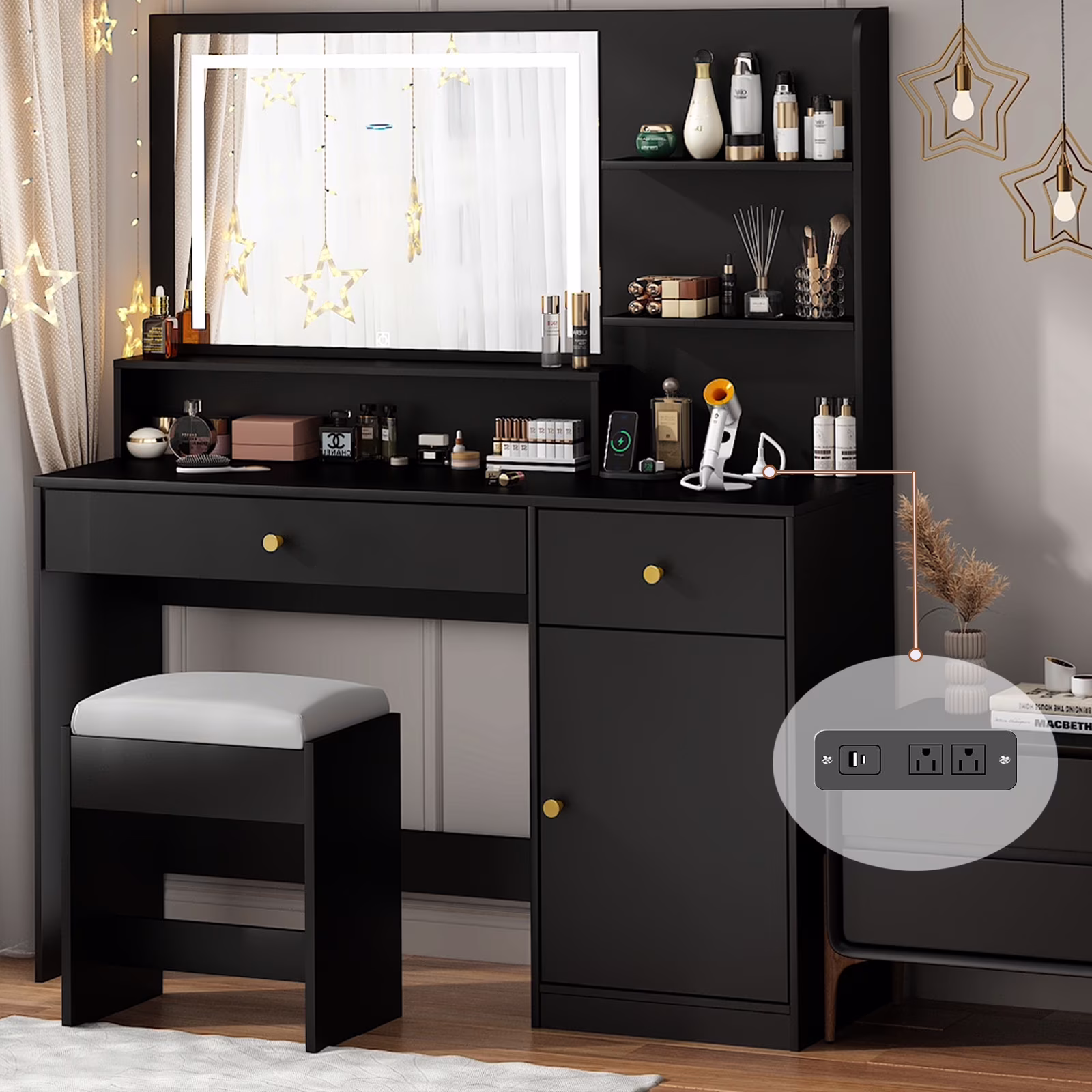 ChVans White Vanity Desk with Lighted Mirror & Charging Station, Vanity Table Set w/3 Storage Shelves,2 Drawers,Storage Cabinet & Makeup Vanity Cushioned Stool(White-37