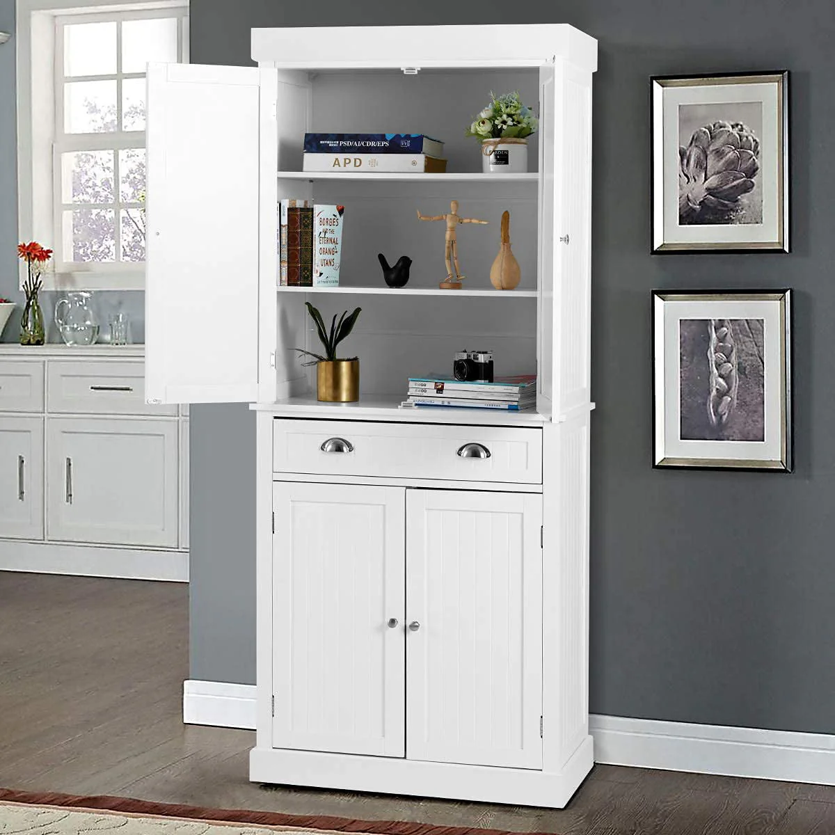 Yoleny Kitchen Pantry, 72” Freestanding Storage Cabinets with Doors and Shelves, Elegant Colonial Design Cabinet Cupboard, White