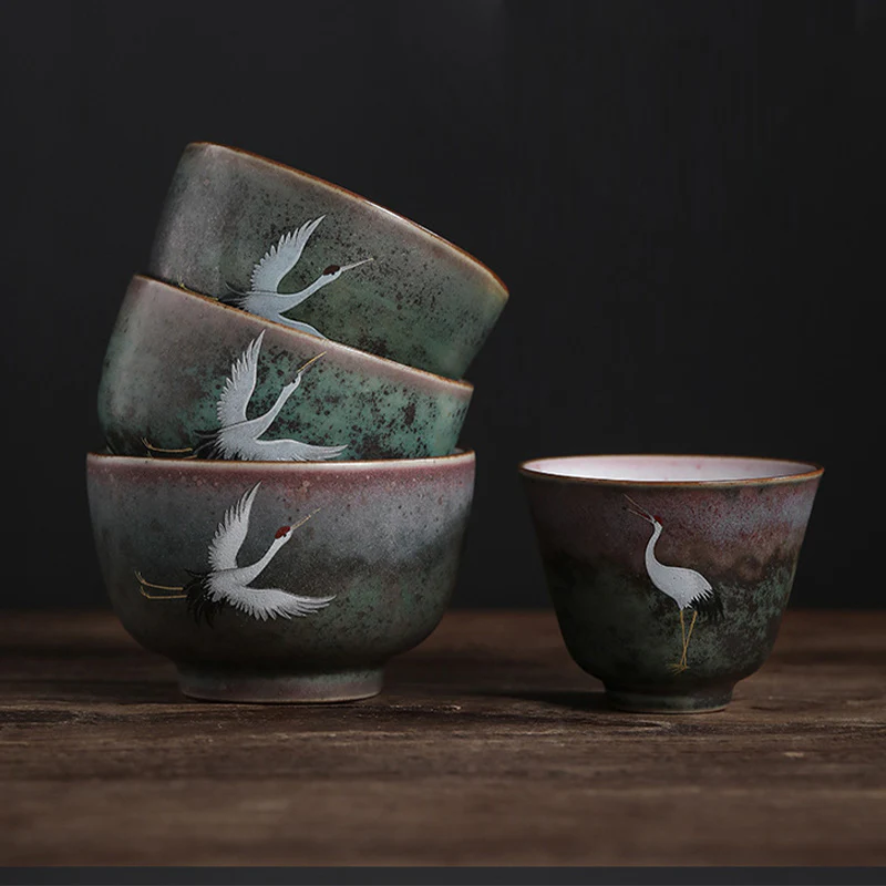 Buddha Stones Auspicious Crane Ceramic Teacup Kung Fu Tea Cup Bowl